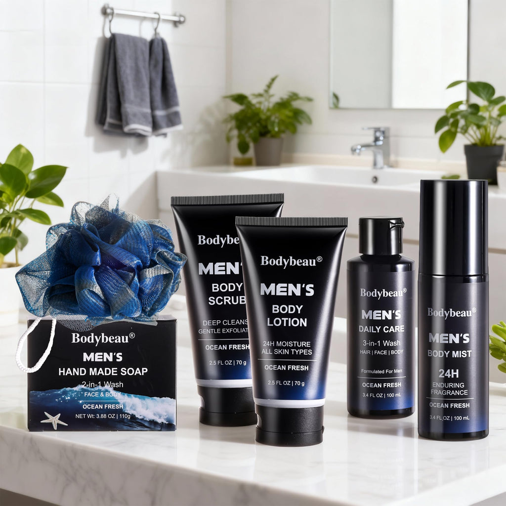 Bodybeau Men's Bath and Body Spa Gift Set - 7-Piece Kit with Daily Care 3-in-1 Wash, 2-in-1 Handmade Soap & Travel Bag - Father's Day/Birthday/Christmas Gifts for Dad, Husband Son from Family