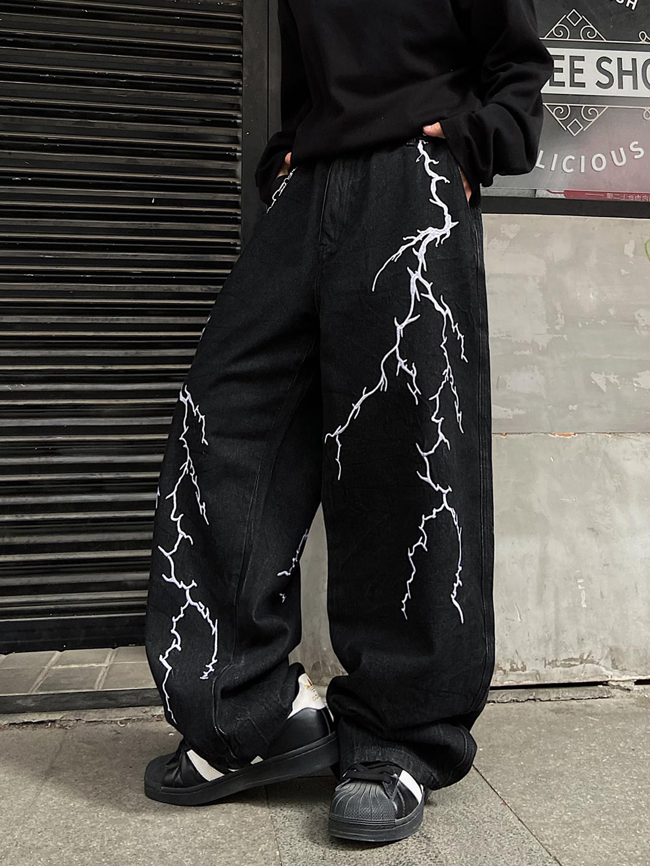 DFGIGT Men's Hip-hop Embroidered Baggy Jeans Loose Fit Denim Black Trousers