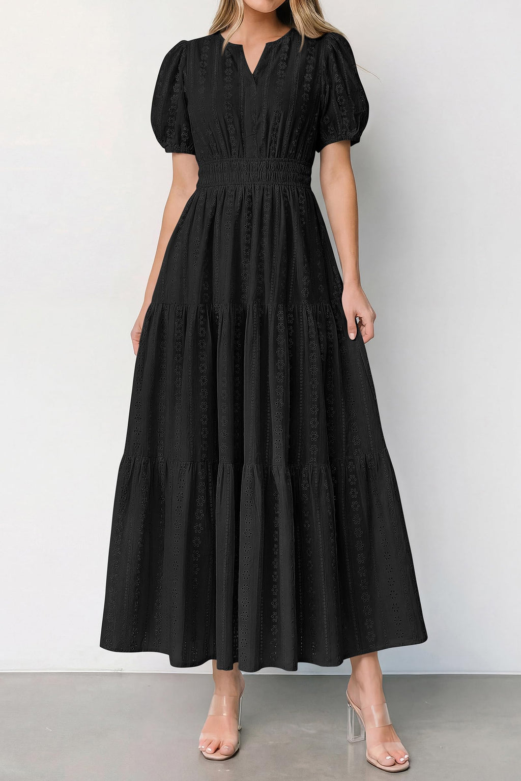 PRETTYGARDEN Womens Summer Maxi Dresses 2026 Casual Puff Sleeve V Neck Smocked Flowy Eyelet Cotton Dress Spring Sundress