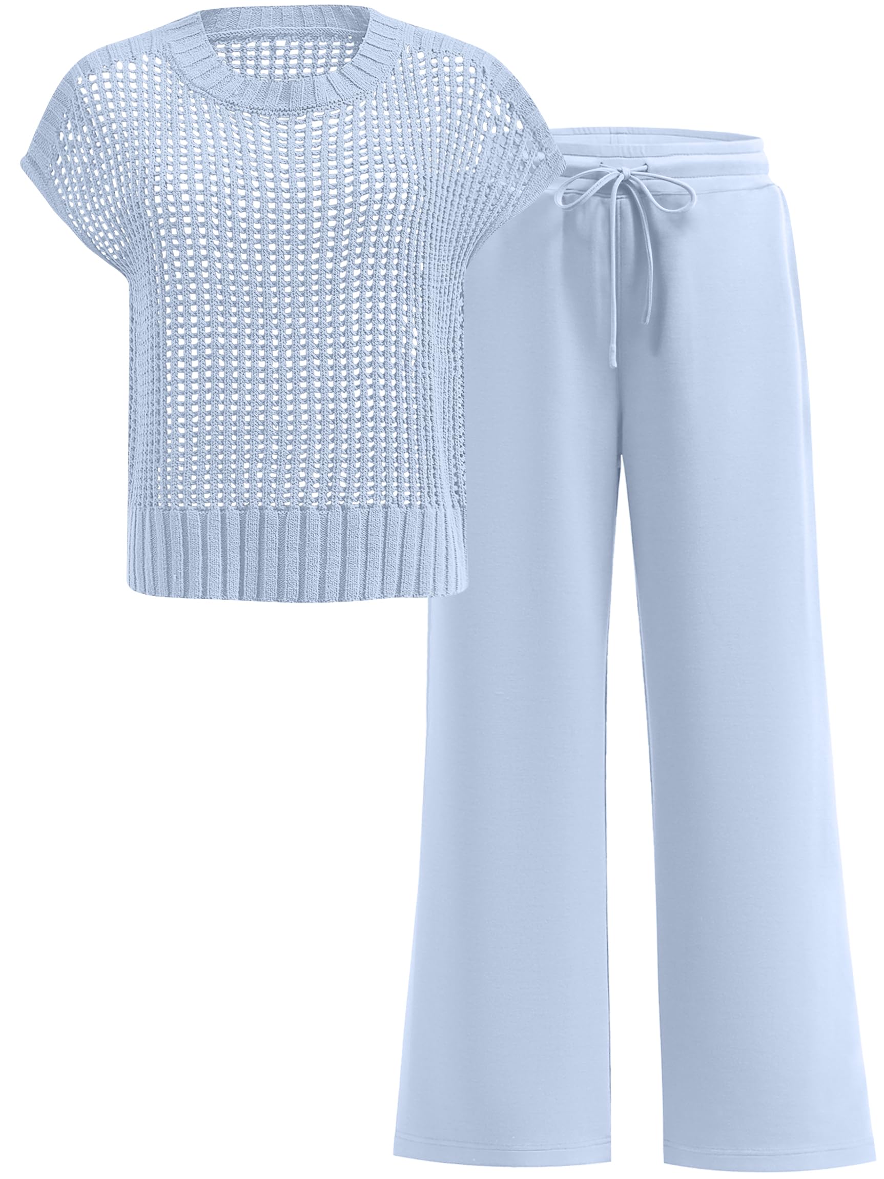 ANRABESS Women Two Piece Outfits Crochet Sheer Knit Sweater Top Wide Leg Pants Lounge Matching Sets Sweatsuit Travel Clothes