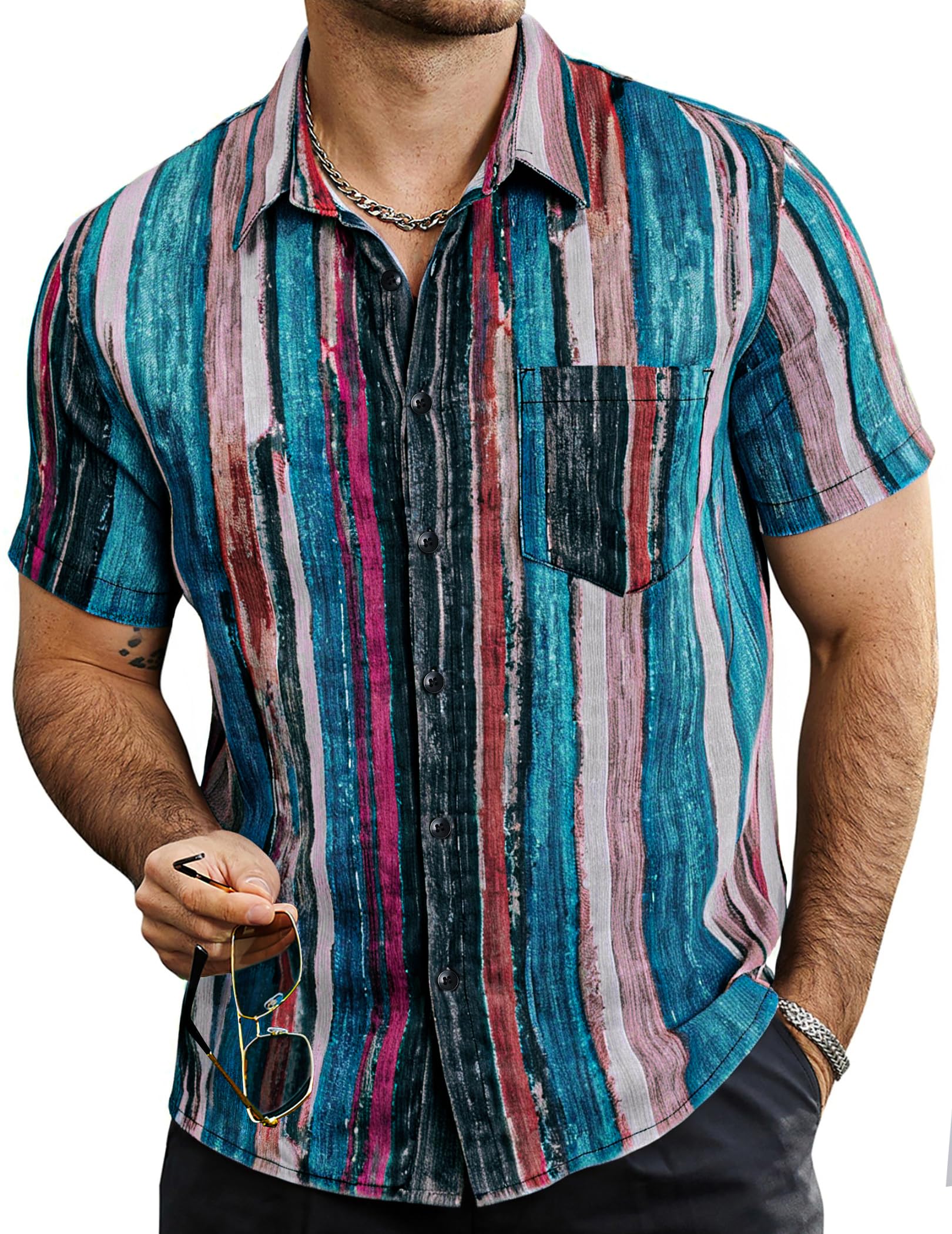 VATPAVE Mens Summer Striped Shirts Button Down Short Sleeve Vintage Beach Hawaiian Shirts with Pocket