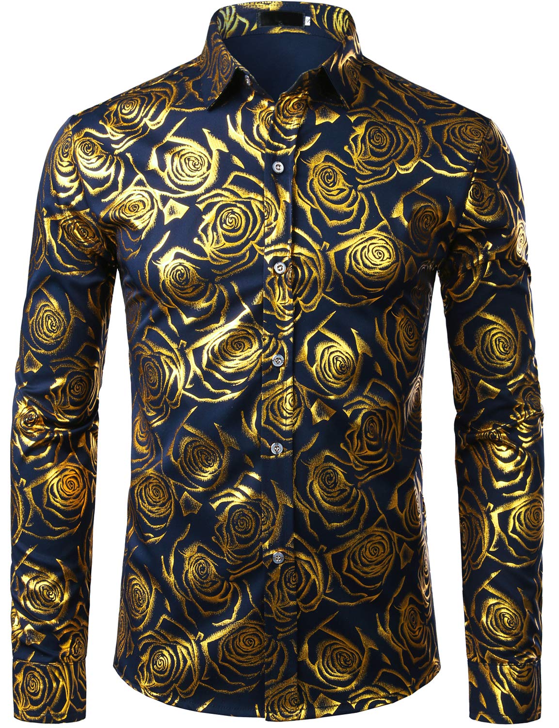ZEROYAA Mens Hipster Rose Printed Slim Fit Long Sleeve Dress Shirts Prom Performing Shirts