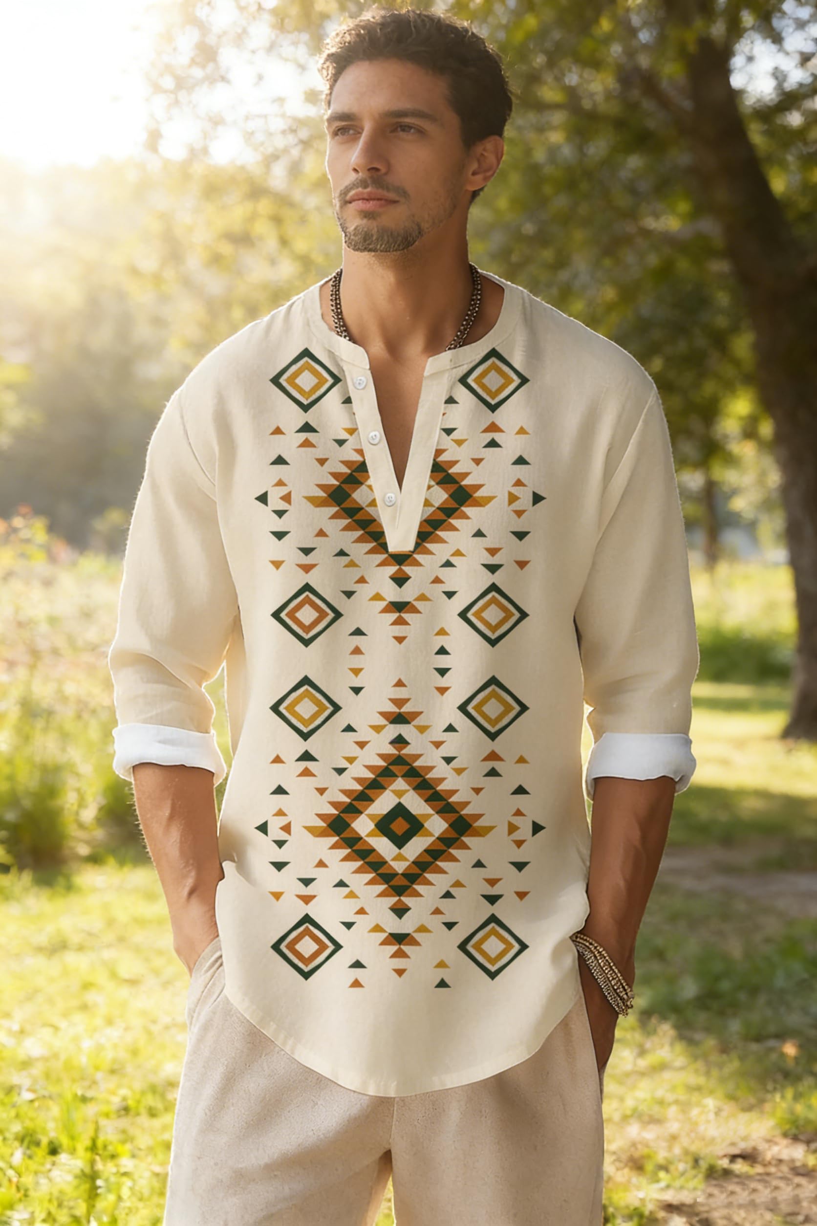 Mens Henley Shirts Summer Casual Button Banded Collar T Shirts Vintage Long Sleeve Cotton Linen Beach Pullover Tops