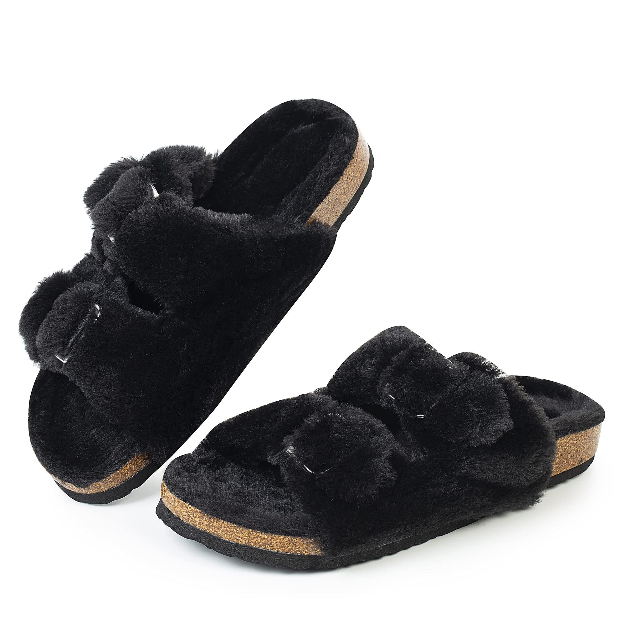 FITORY Womens Open Toe Slipper with Cozy Lining,Faux Rabbit Fur Cork Slide Sandals Size 6-11