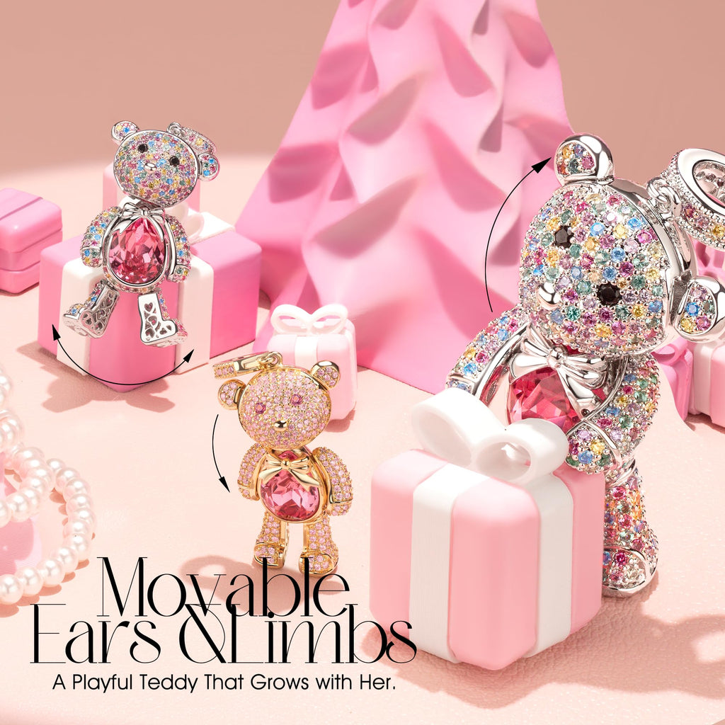 Swarovski Crystal Teddy Bear Necklace, White Gold Plated, Playful Movable Design, Sweet Warmth & Love Symbol Jewelry Gift for Women Teens Girls, Gift-Ready Packaging