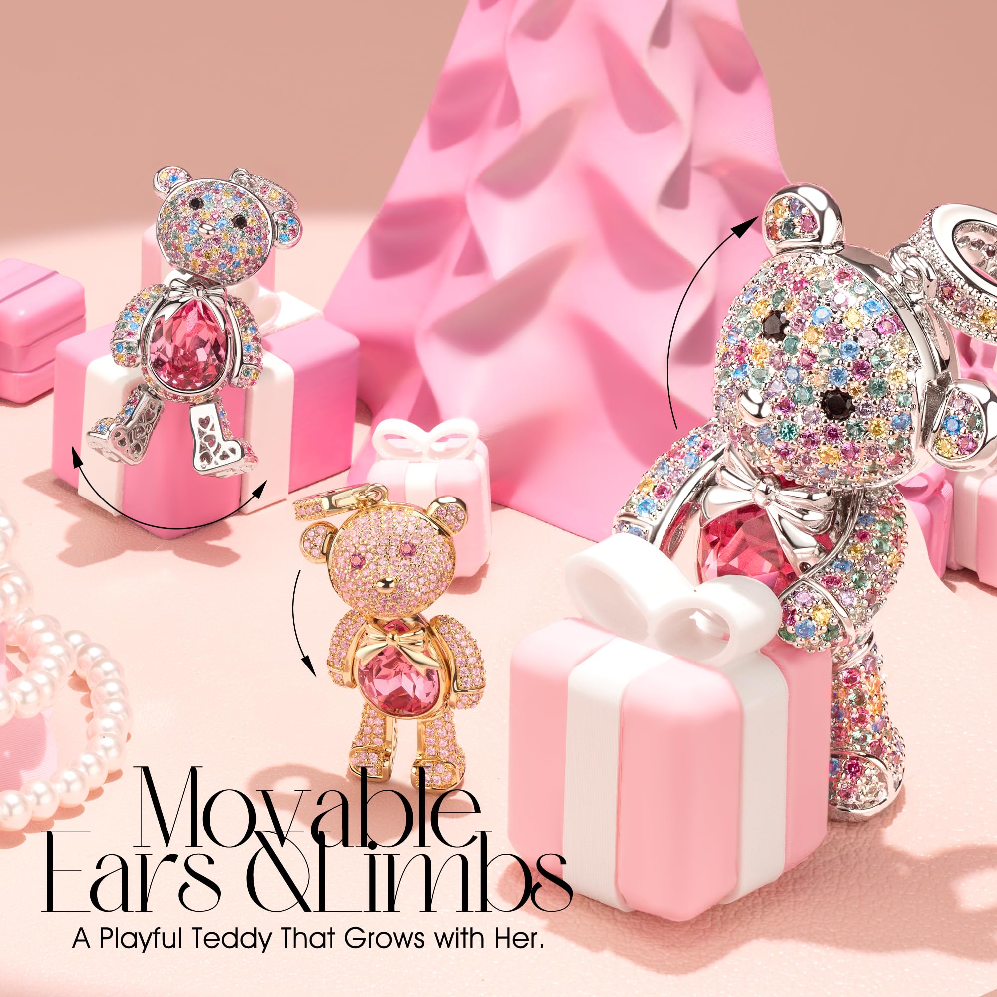 Swarovski Crystal Teddy Bear Necklace, White Gold Plated, Playful Movable Design, Sweet Warmth & Love Symbol Jewelry Gift for Women Teens Girls, Gift-Ready Packaging