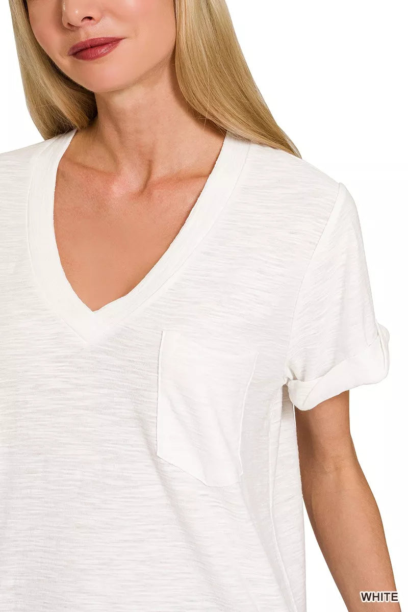 White Slub Rolled Short Sleeve V-Neck Pocket Tee for Women
