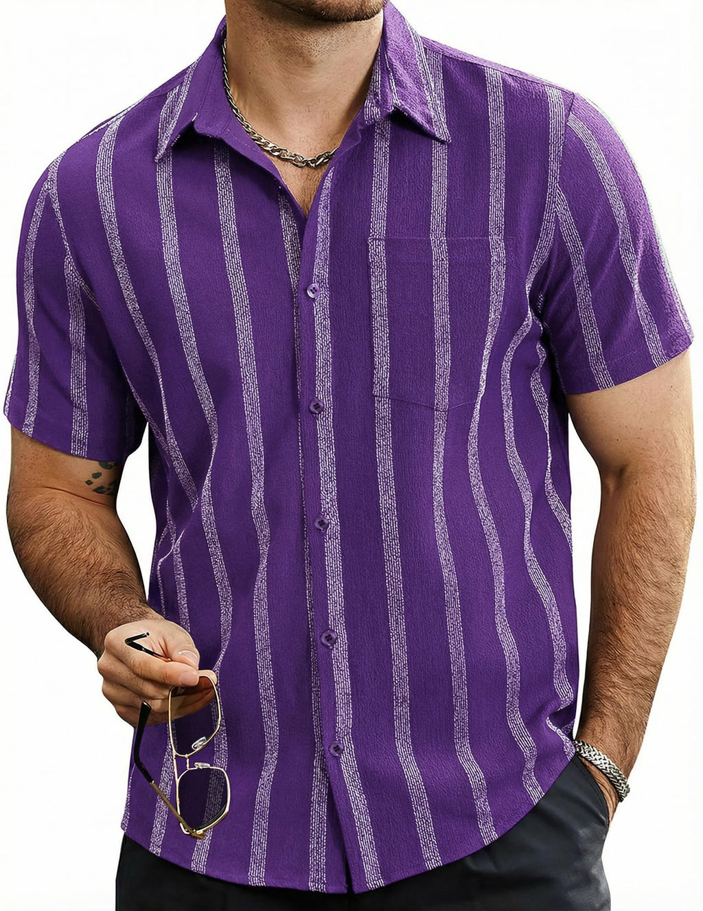 VATPAVE Mens Summer Striped Shirts Button Down Short Sleeve Vintage Beach Hawaiian Shirts with Pocket