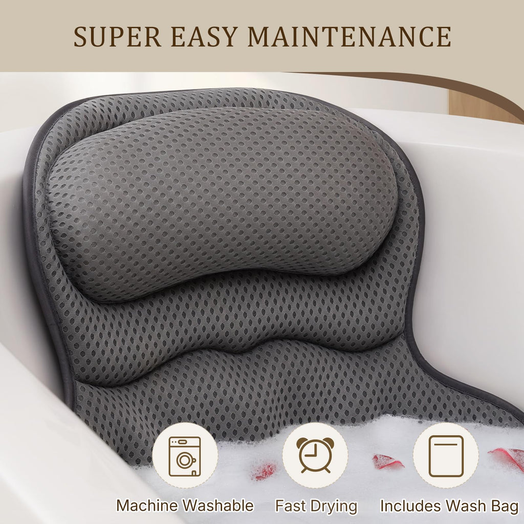 Bath Pillow Bathtub Pillow, Luxury Bath Pillows for Tub Neck and Back Support, Bath Tub Pillow Headrest with Soft 4D Mesh Fabric and Non-Slip Suction Cups, Relaxing Bath Accessories Spa Gifts