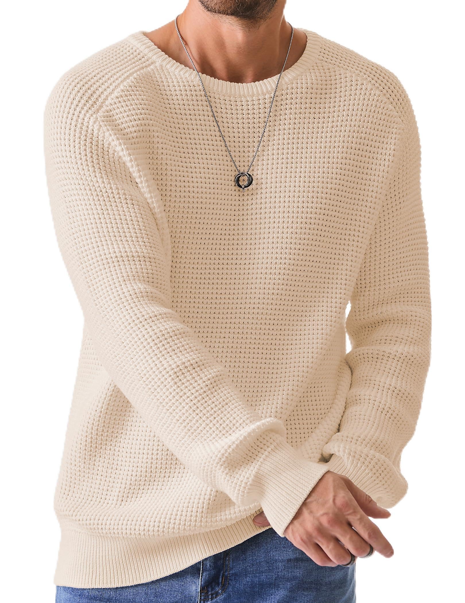 JMIERR Men's Crewneck Pullover Sweater Waffle Textured Knitted Sweaters Casual Loose Fit Sweaters with Ribbing Edge