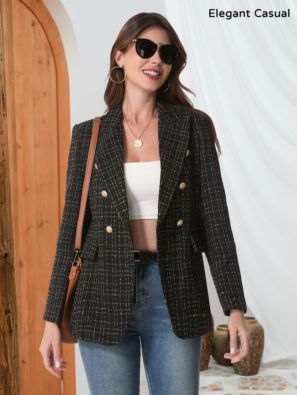 Mina Self 2026 Women's Tweed Plaid Blazer Jacket - Fully Lined Fashion Business Casual Elegant Work Coat with Pockets