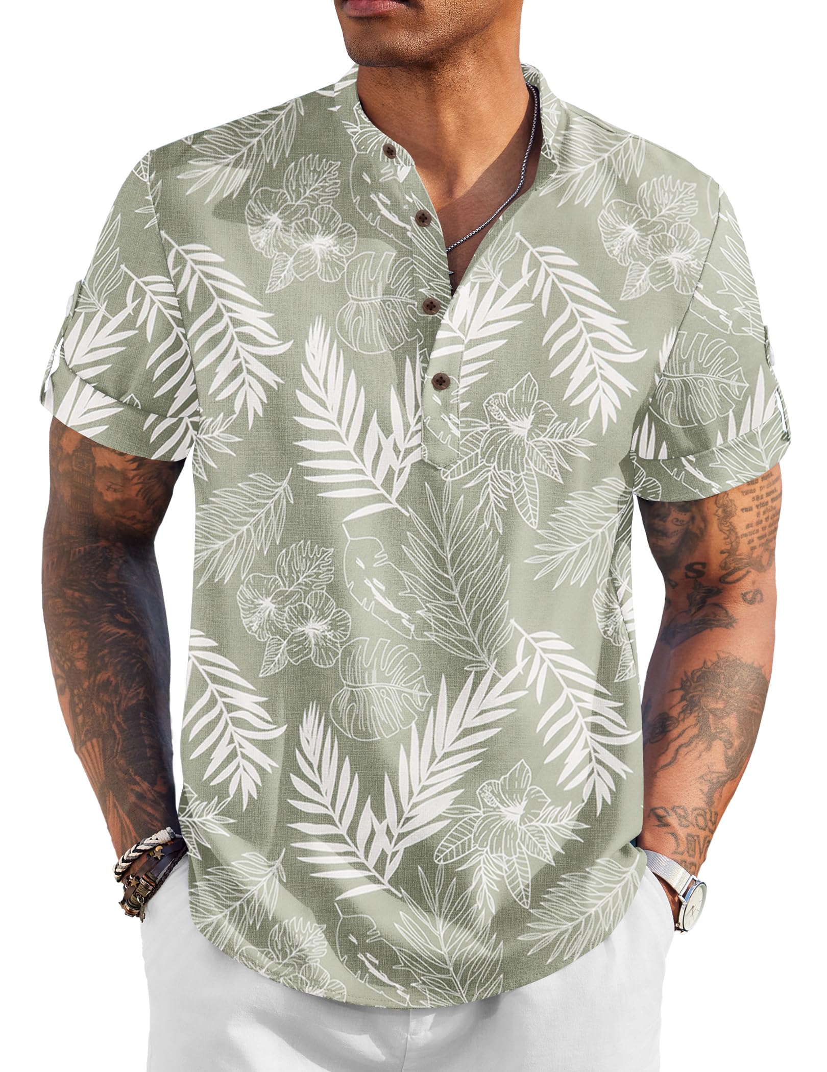 COOFANDY Men's Casual Henley Shirt Short Sleeve Band Collar Linen Shirt Summer Beach Hippie T-Shirts