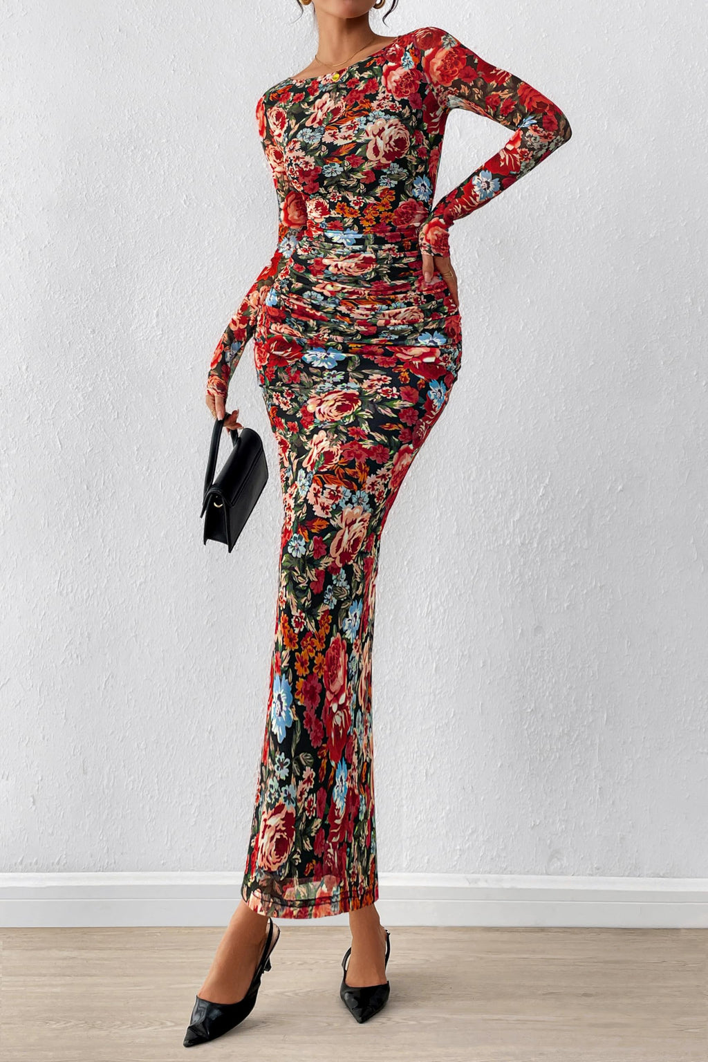 PRETTYGARDEN Women's Long Sleeve Bodycon Dresses 2026 Spring Sexy Floral Mesh Slit Ruched Tight Maxi Wedding Guest Dress