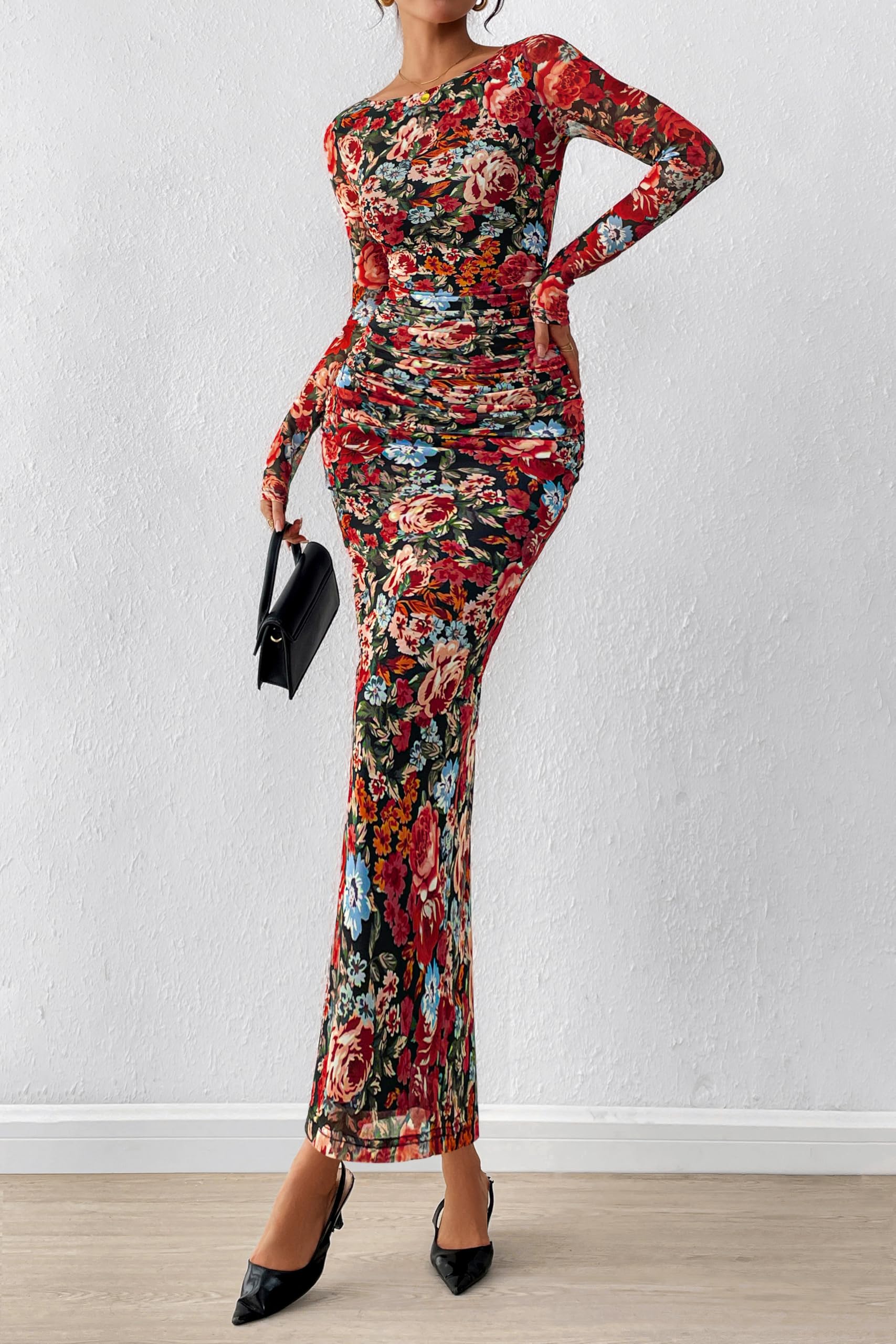PRETTYGARDEN Women's Long Sleeve Bodycon Dresses 2026 Spring Sexy Floral Mesh Slit Ruched Tight Maxi Wedding Guest Dress