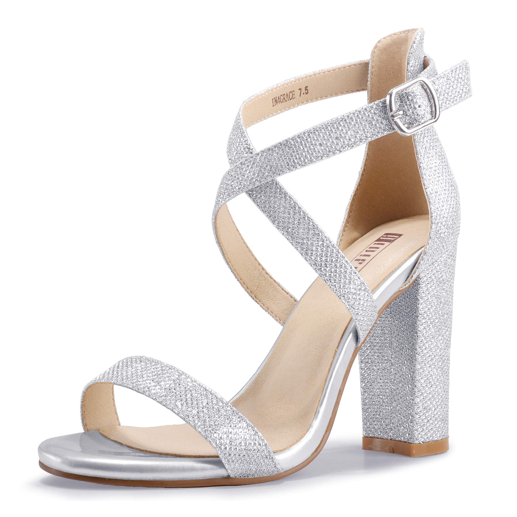 IDIFU Women's Chunky High Heel Sandal Strappy Open Toe Ankle Strap Dress Shoes for Women Bridesmaid Ladies in Wedding Bridal Evening Homecoming Prom