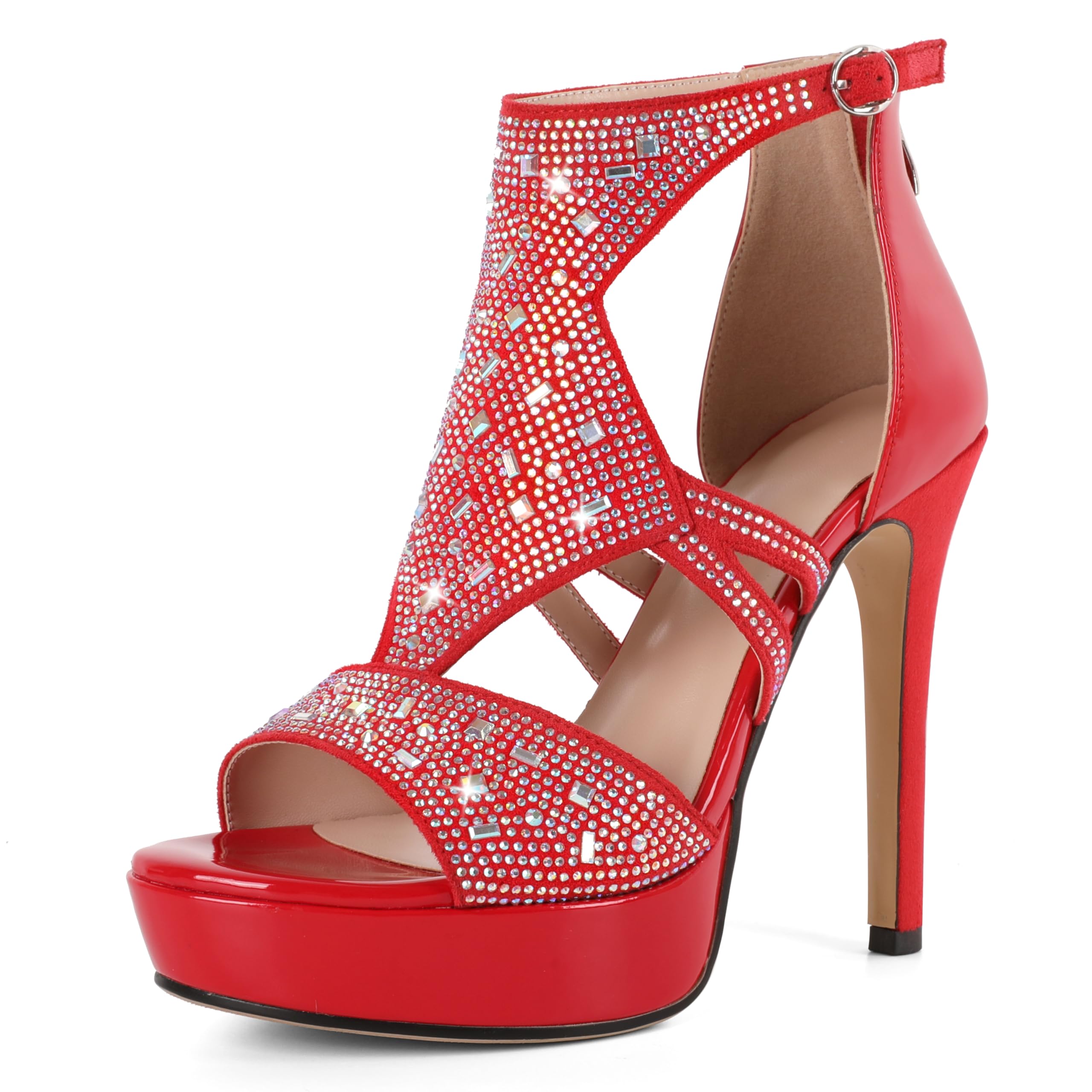 Eldof High Heeled Sandals for Women, Open Toe Strappy Platform Sandals, Cutout Gladiator Heels with Rinestones, Pumps Shoes for Dress Party Evening Summer