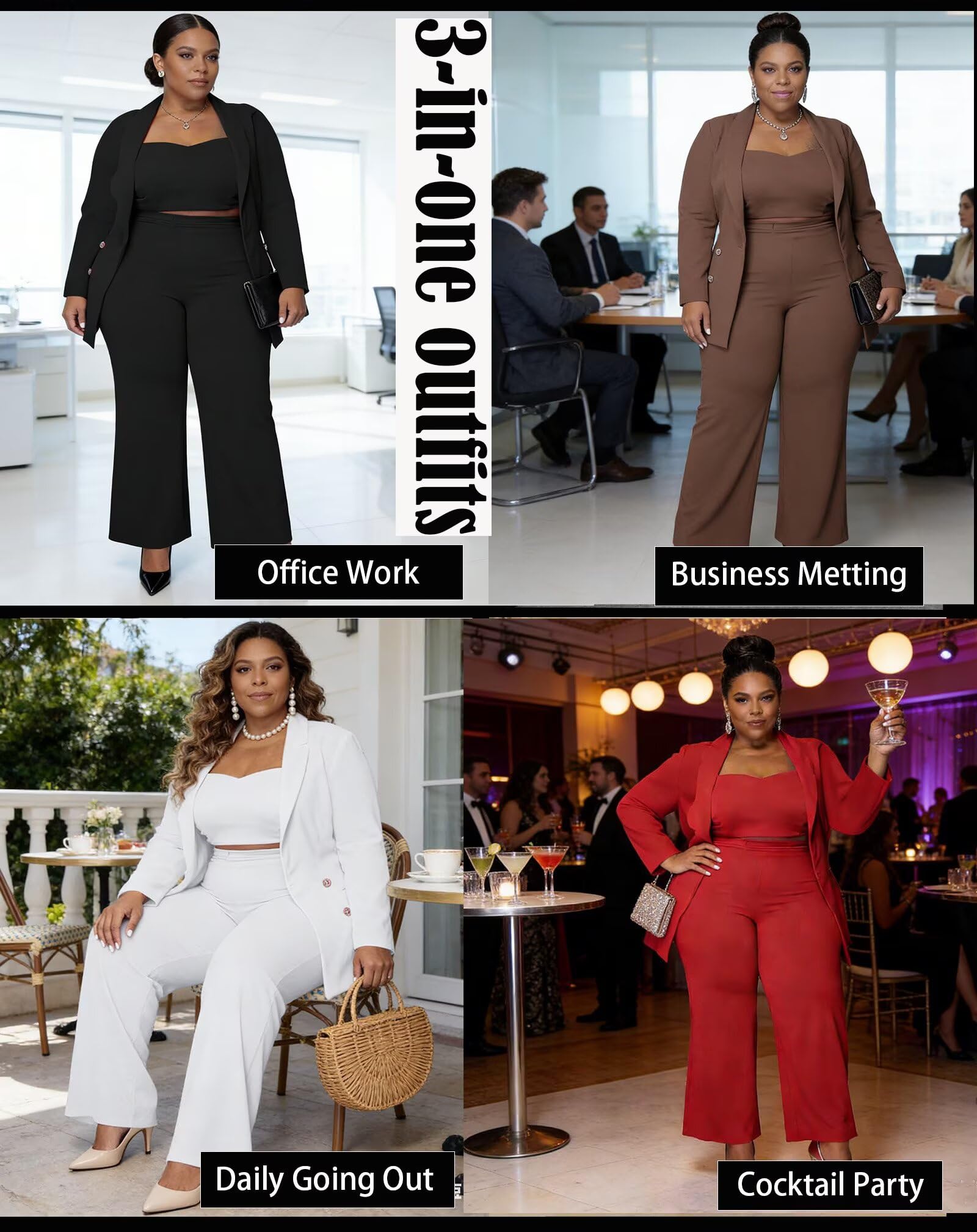 Women Plus Size Pants Suits 3 Piece Set Long Sleeve Blazer Pants Suit Sets Dressy Business Casual Office Work Outfits