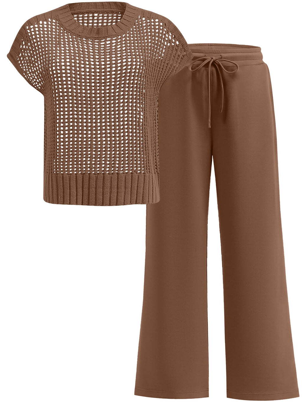 ANRABESS Women Two Piece Outfits Crochet Sheer Knit Sweater Top Wide Leg Pants Lounge Matching Sets Sweatsuit Travel Clothes