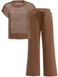 ANRABESS Women Two Piece Outfits Crochet Sheer Knit Sweater Top Wide Leg Pants Lounge Matching Sets Sweatsuit Travel Clothes