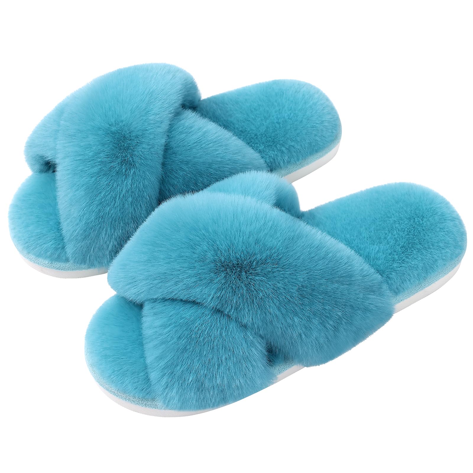 Evshine Women's Fuzzy Slippers Cross Band Memory Foam House Slippers Open Toe