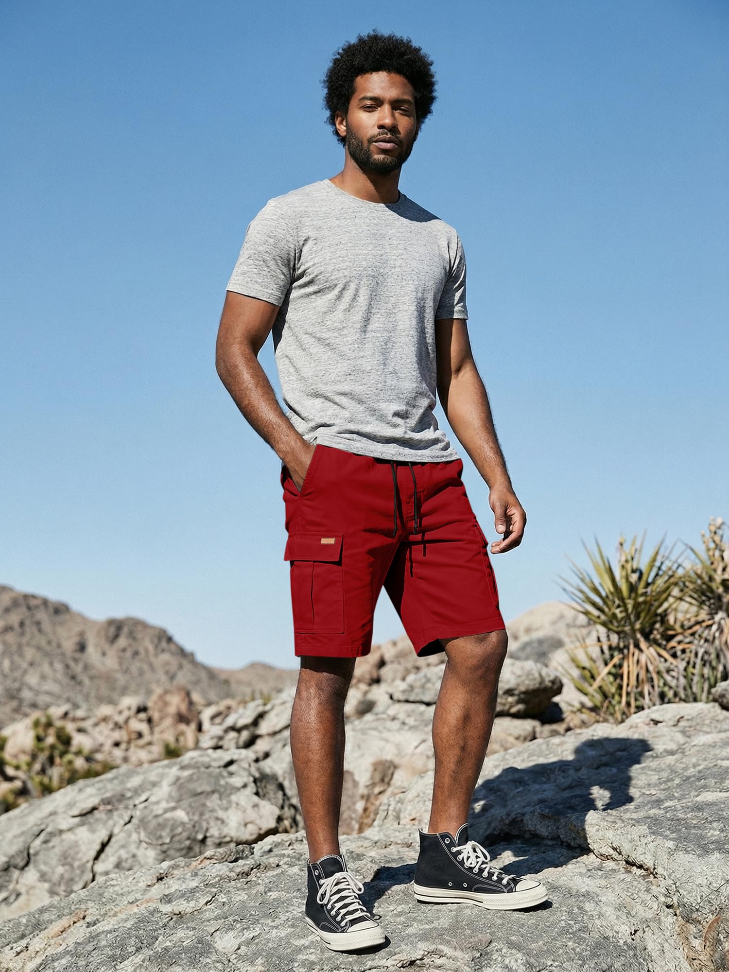 JMIERR Mens Casual Cotton Twill Cargo Shorts Drawstring Classic Chino Stretch Short with 6 Pockets