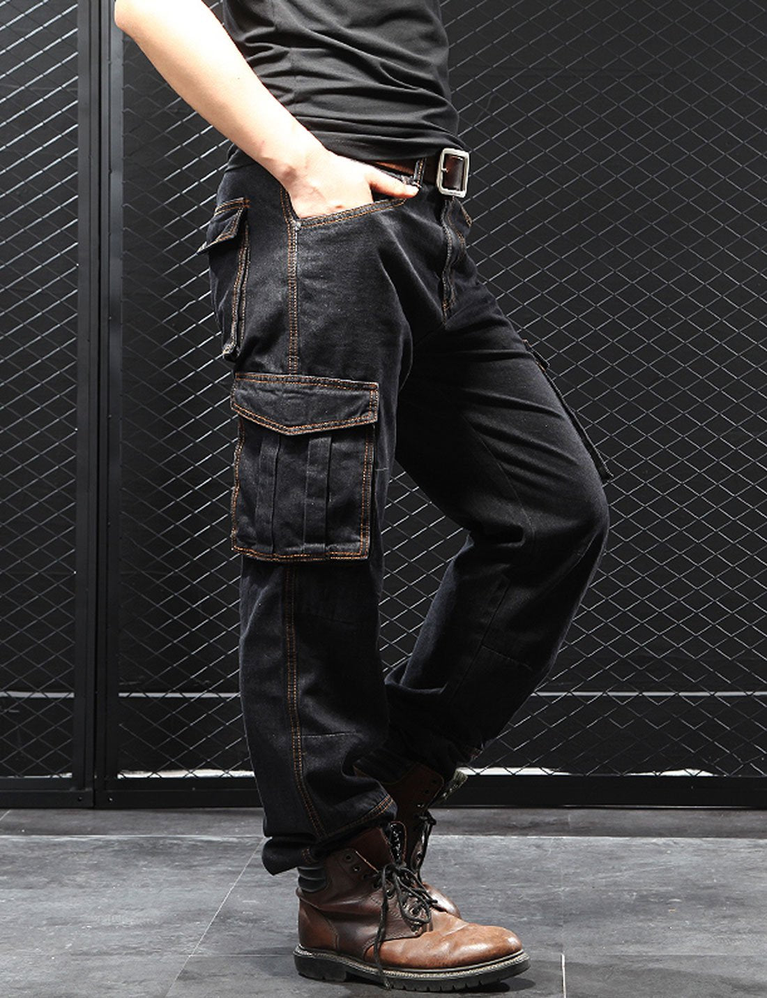 Yeokou Men's Casual Loose Hip Hop Denim Work Pants Jeans with Cargo Pockets