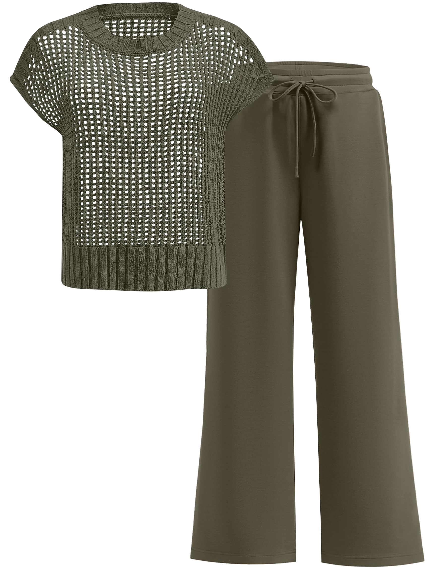 ANRABESS Women Two Piece Outfits Crochet Sheer Knit Sweater Top Wide Leg Pants Lounge Matching Sets Sweatsuit Travel Clothes