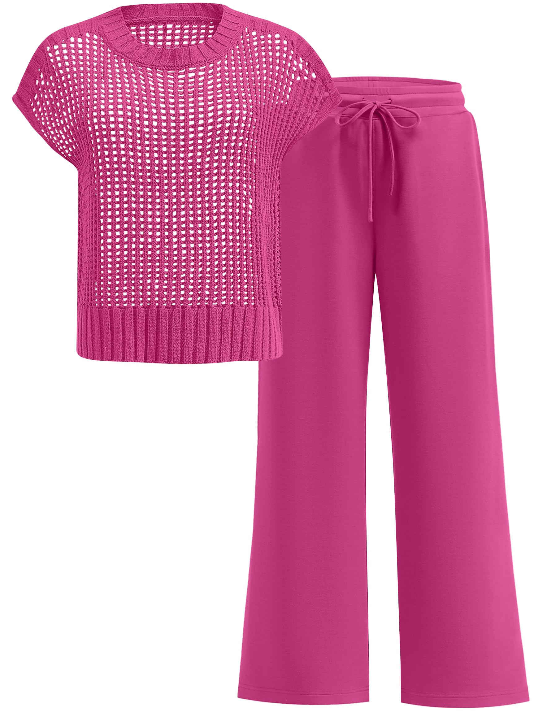 ANRABESS Women Two Piece Outfits Crochet Sheer Knit Sweater Top Wide Leg Pants Lounge Matching Sets Sweatsuit Travel Clothes