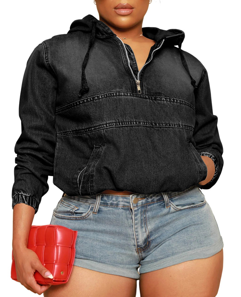 Tycorwd Women's Plus Size Half Zip Denim Hoodie Sweatshirt Pullover Jacket Jean Tops with Pockets