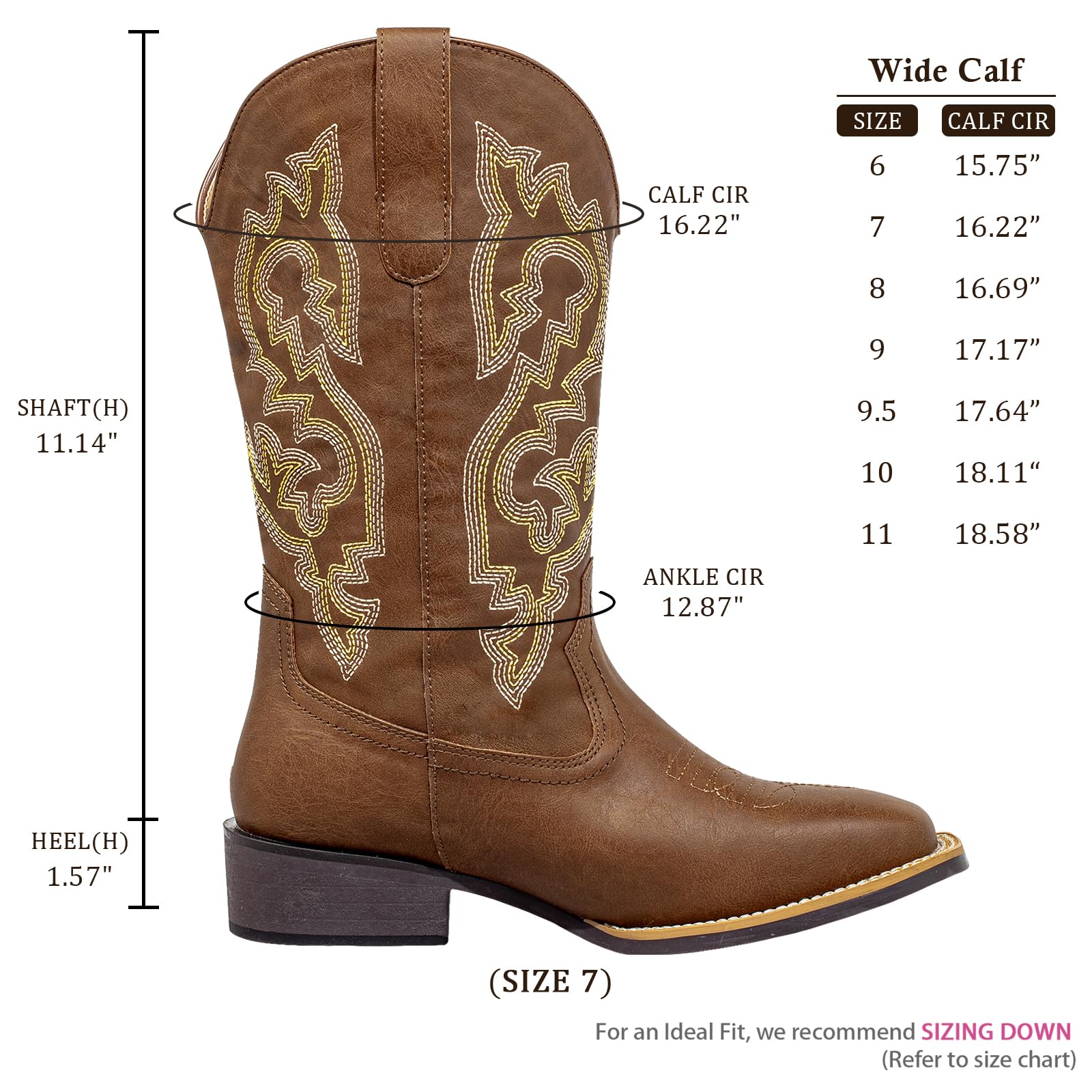 SheSole Extra Wide Calf Cowgirl Boots with Removable Cushion - Western Cowboy Style with Roomy Square Toe & Hidden Elastic Panel to Step into Confidence