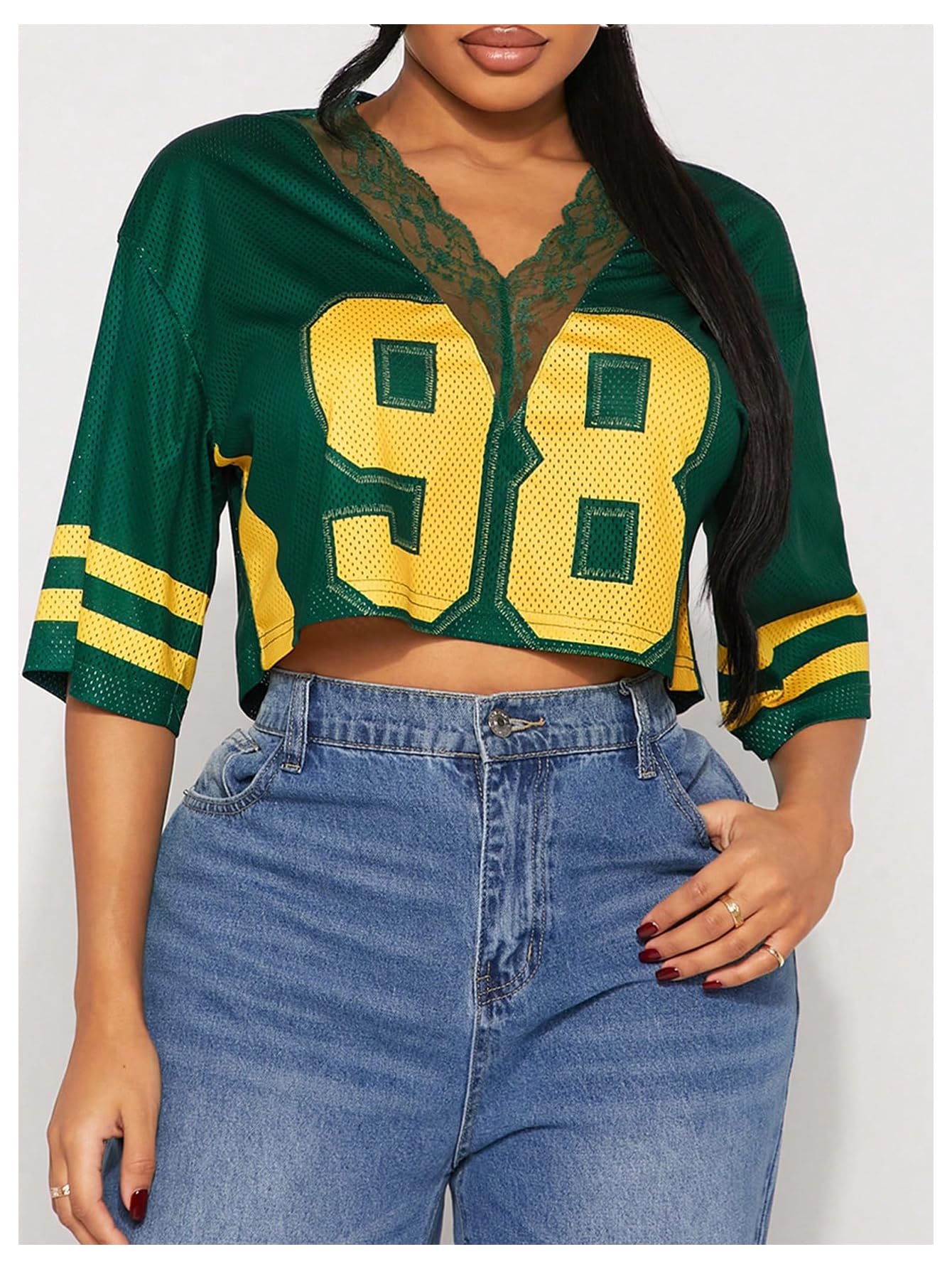 SOLY HUX Women's Number Graphic Tees Lace V Neck Half Sleeve Crop Tops Jersey Shirt Y2k Streetwear