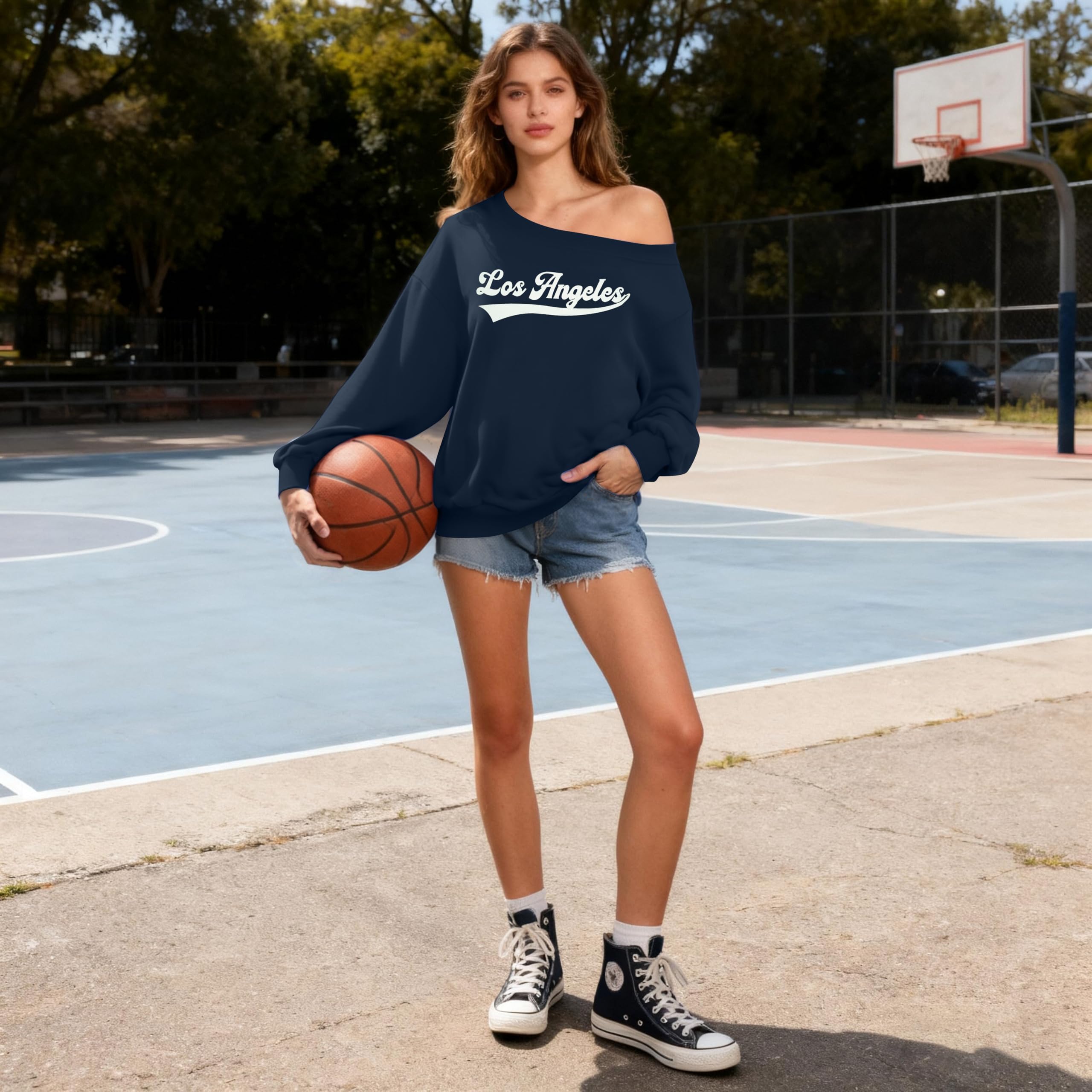FASHGL Women's Off The Shoulder Sweatshirts Tops Oversized Sweatshirt Streetwear Y2K Jersey Number Graphic Long Sleeve