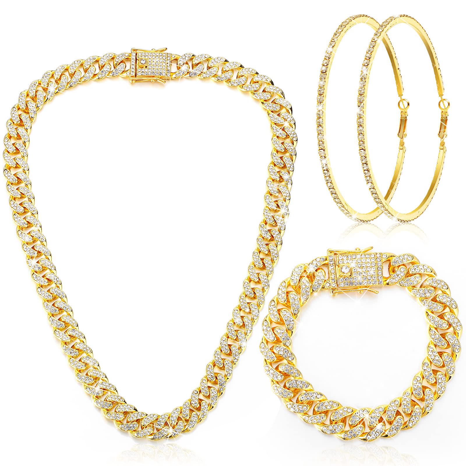 Batiyeer 3 Pcs Cuban Link Chain Necklace Bracelet Rhinestone Hoop Earrings Bling Crystal Hip Hop Jewelry for Women