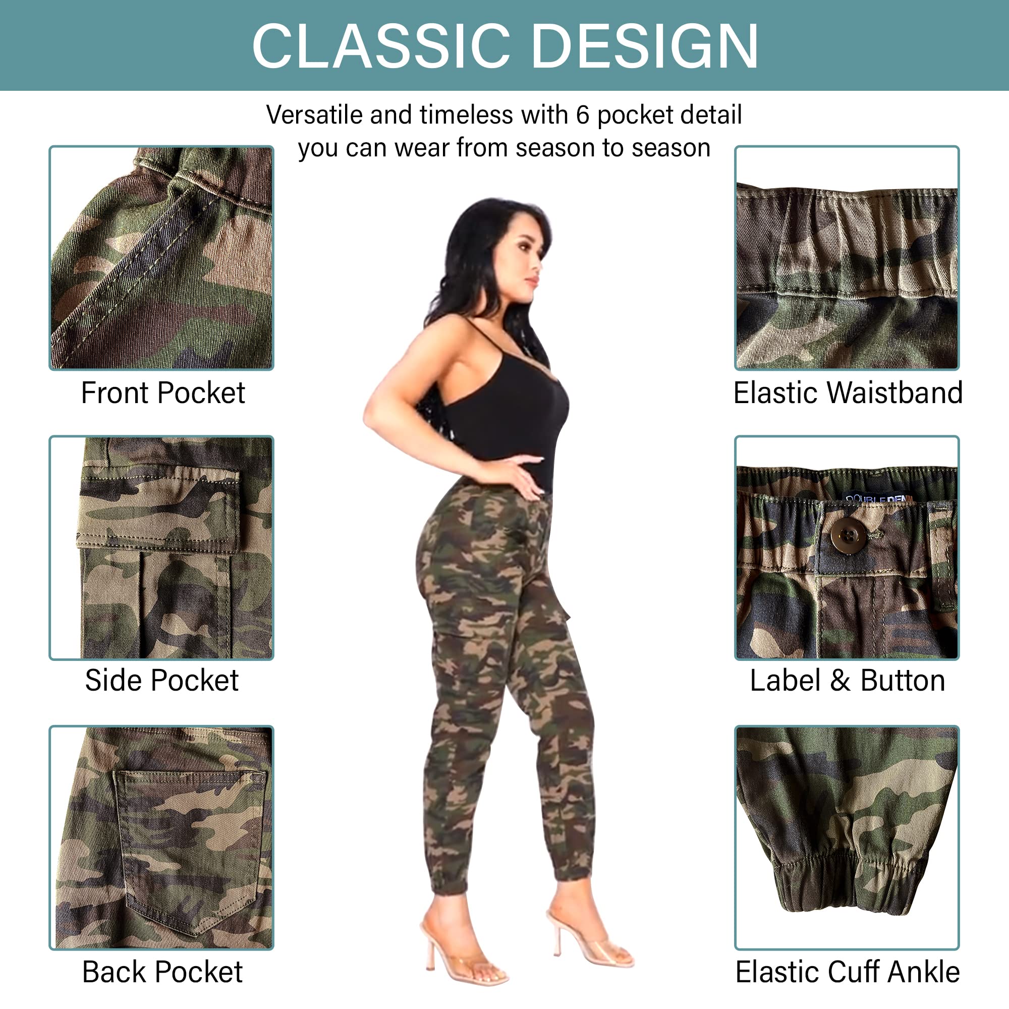 Double Denim January 5th Women's Plus Size High Waist Camouflage Cargo Jogger Elastic Waistband Casual Tapered Pants SCP-2049-BLACK-S