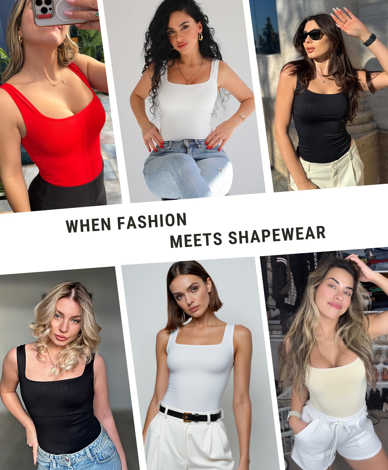 FeelinGirl Bodysuits for Women Seamless Square Neck Tummy Control Compression Thong Shapewear Bodysuit Tank Tops Bodysuit
