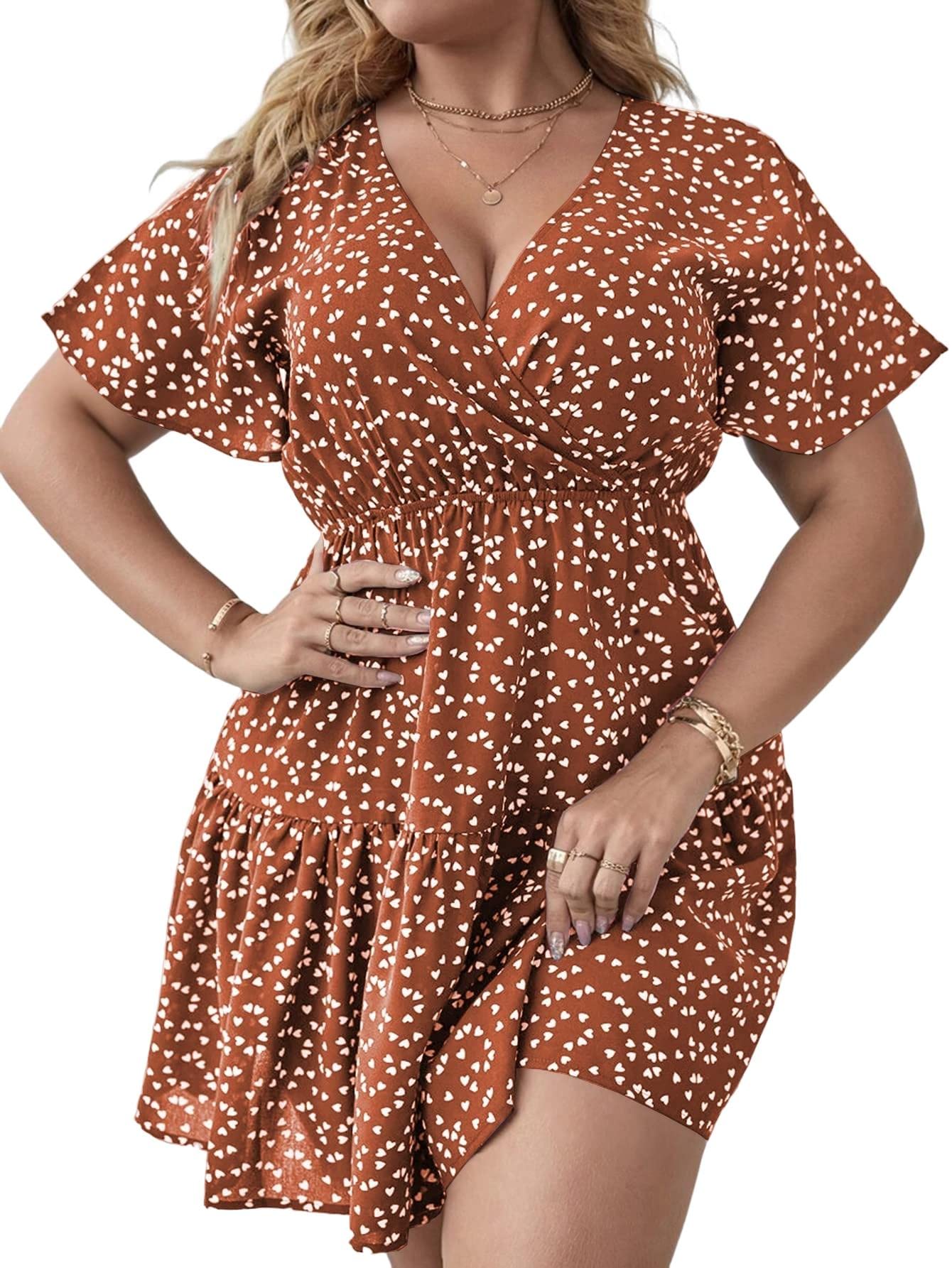 Floerns Women's Plus Size Summer Vacation Wrap V Neck Short Sleeve Ruffle Hem A Line Hawaiian Short Dress