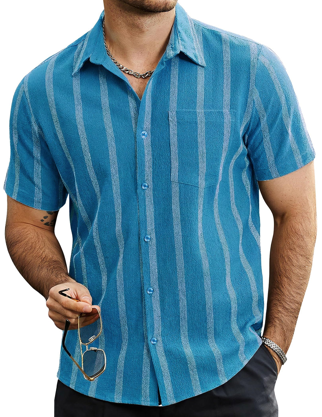VATPAVE Mens Summer Striped Shirts Button Down Short Sleeve Vintage Beach Hawaiian Shirts with Pocket