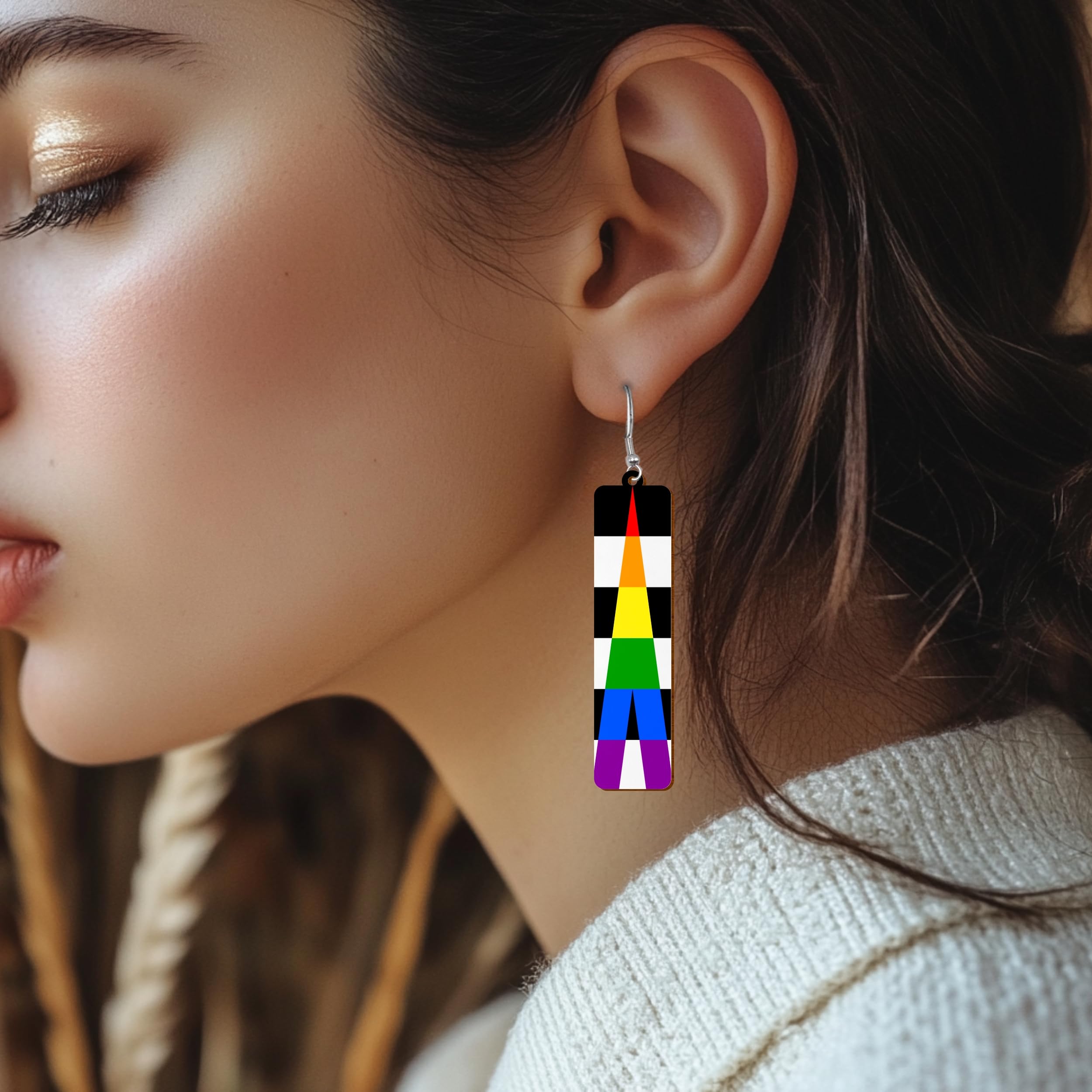 LGBTQIA+ Wooden Moon Phase Earrings, Pride Flag Dangle Earrings for LGBTQ Community, Rainbow Jewelry Gift for Gay, Lesbian, and All Identities
