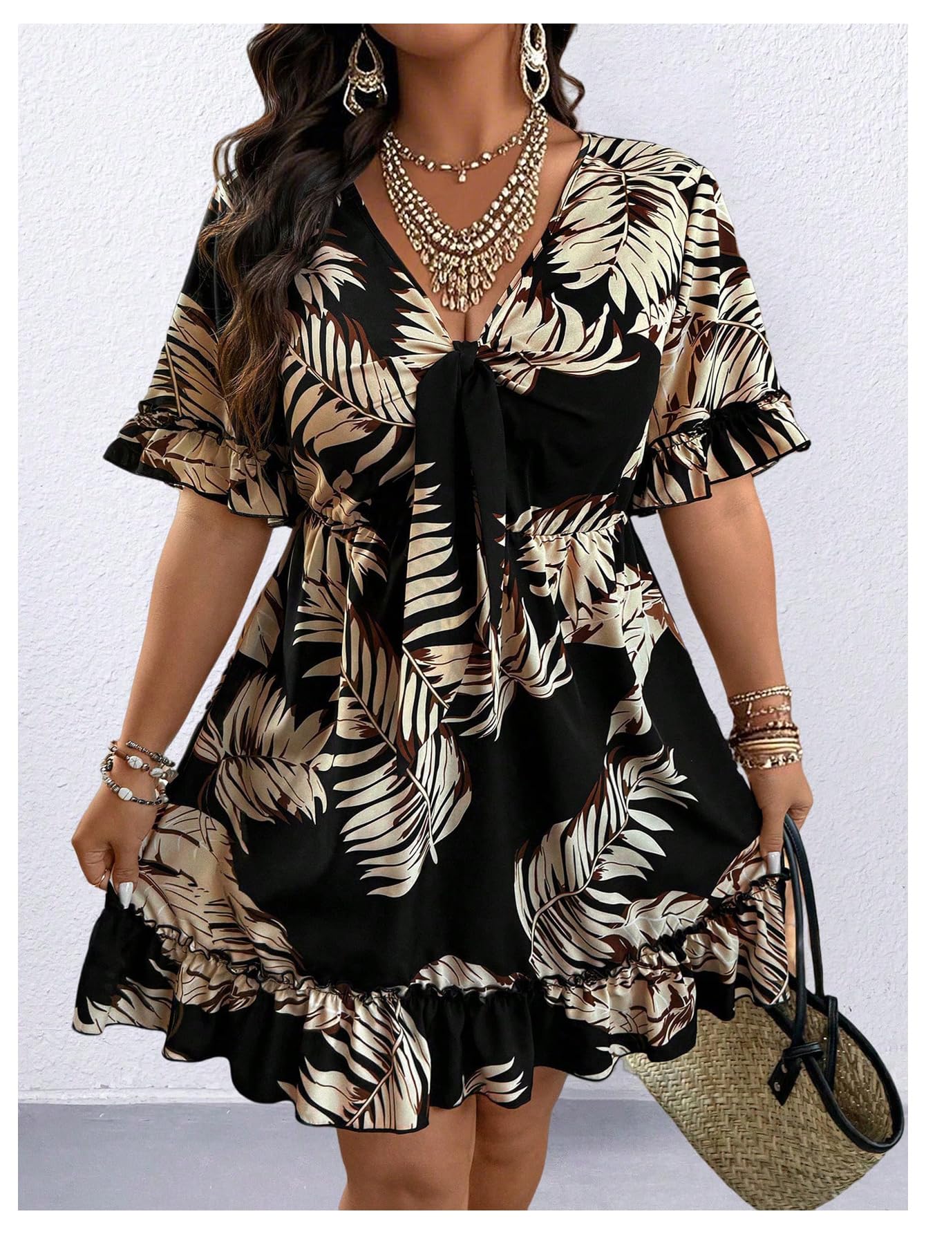 Floerns Women's Plus Size Summer Vacation Wrap V Neck Short Sleeve Ruffle Hem A Line Hawaiian Short Dress