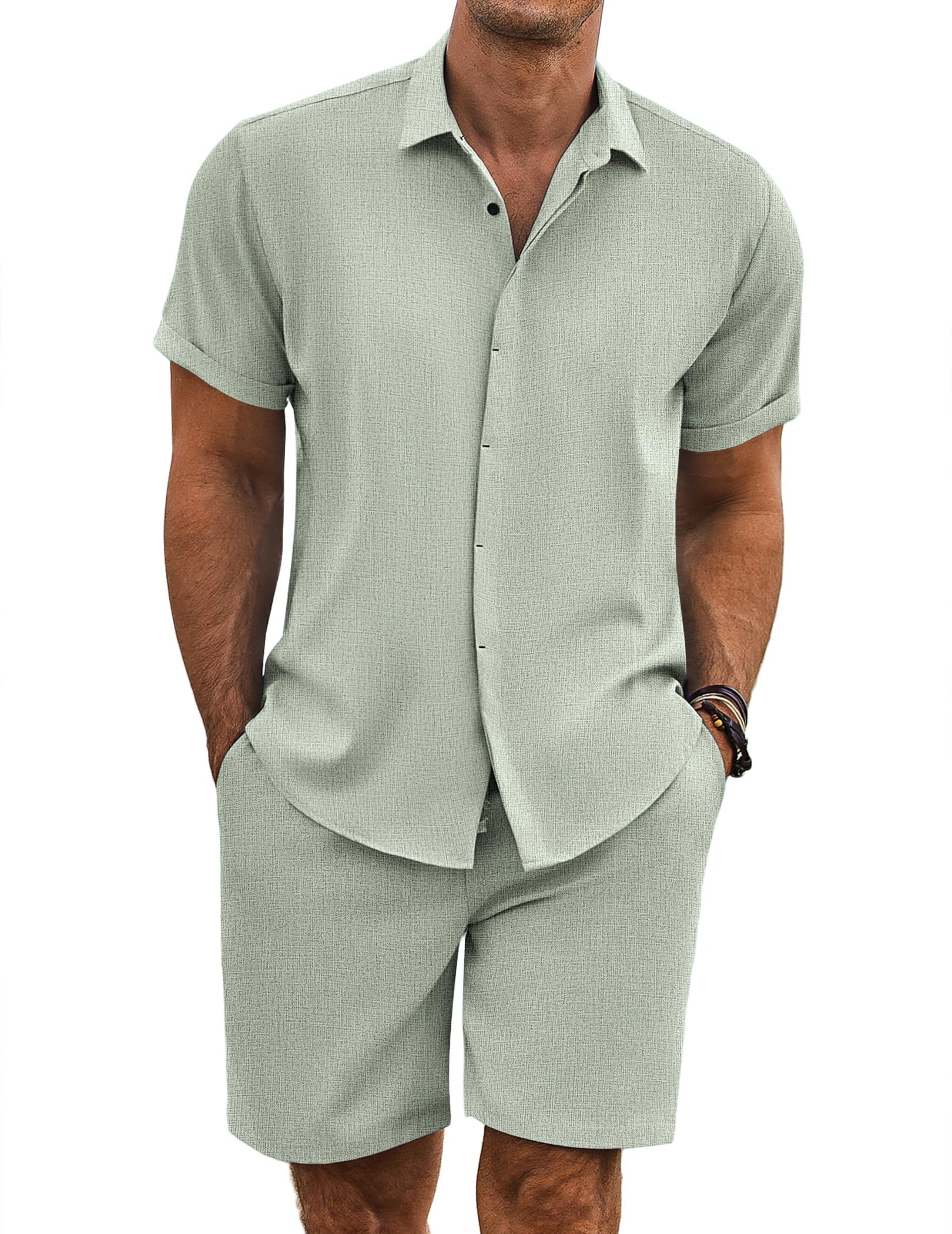 COOFANDY Men's Summer Beach Outfits 2 Piece Short Sleeve Shirts and Shorts Vacation Texture Linen Sets for Men
