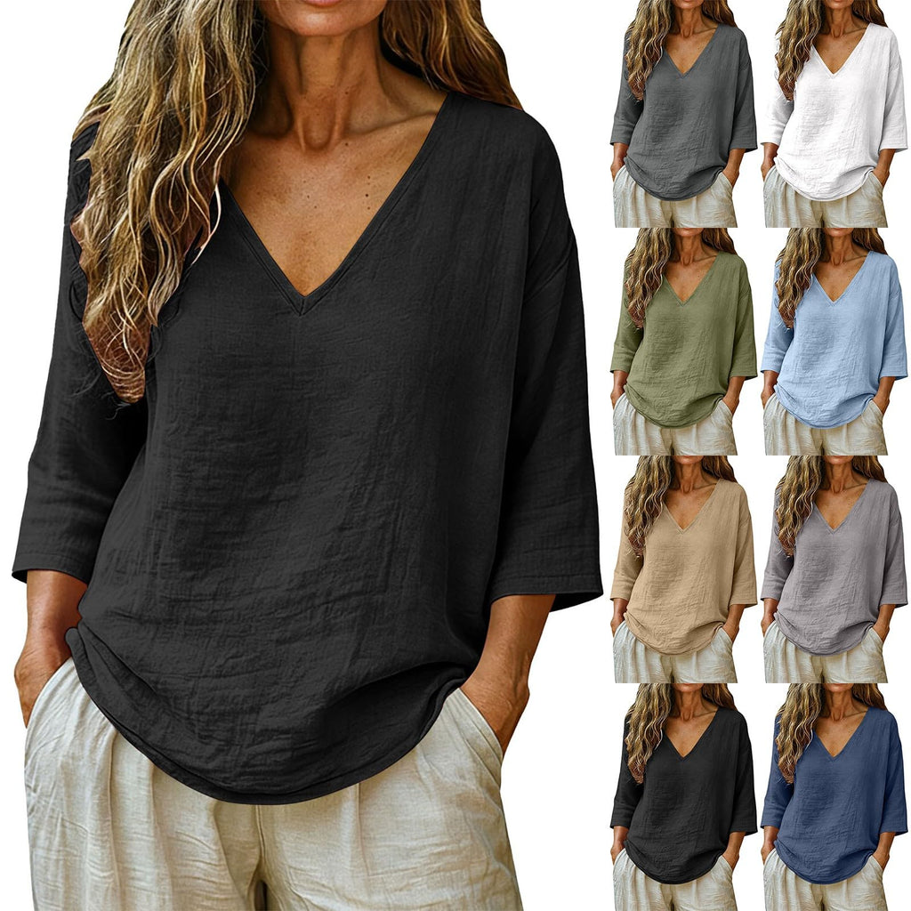 Linen Shirt Women 3/4 Sleeve Summer Casual V Neck Spring Tops Tunic Blouses Loose Fit Cotton Trendy Beach Vacation Clothes