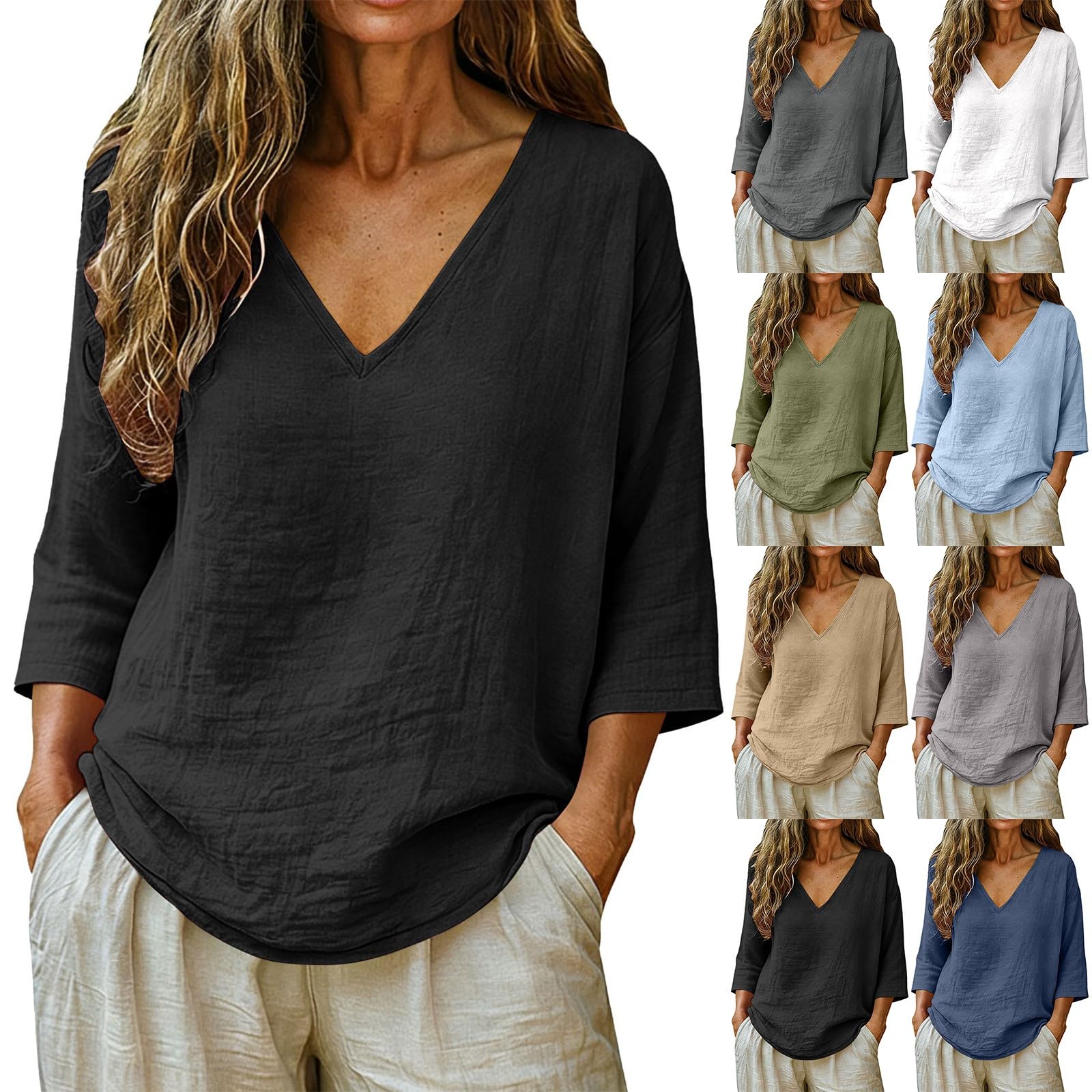 Linen Shirt Women 3/4 Sleeve Summer Casual V Neck Spring Tops Tunic Blouses Loose Fit Cotton Trendy Beach Vacation Clothes