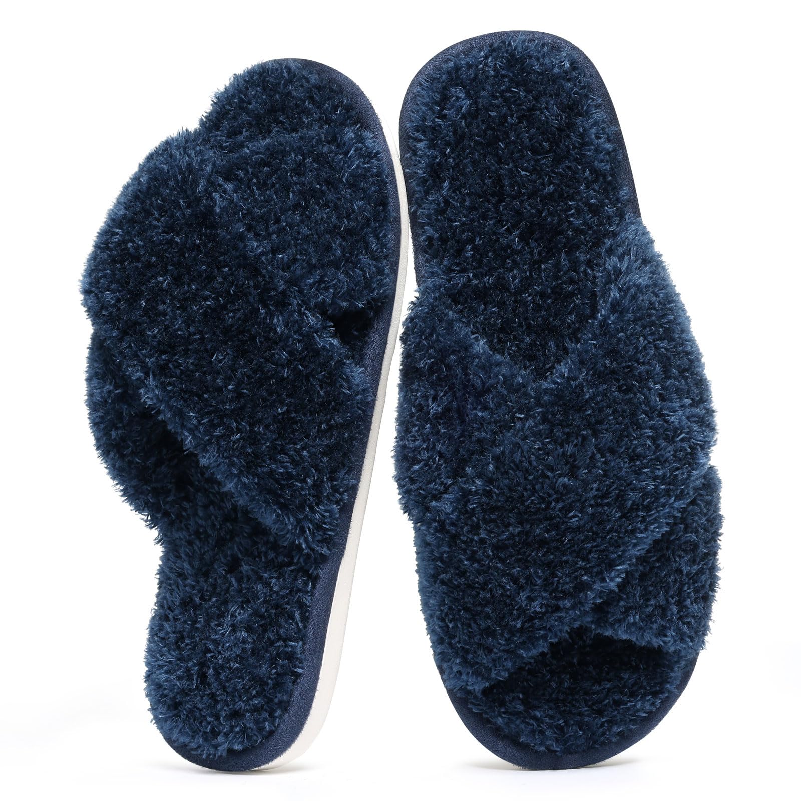 Evshine Women's Fuzzy Slippers Cross Band Memory Foam House Slippers Open Toe