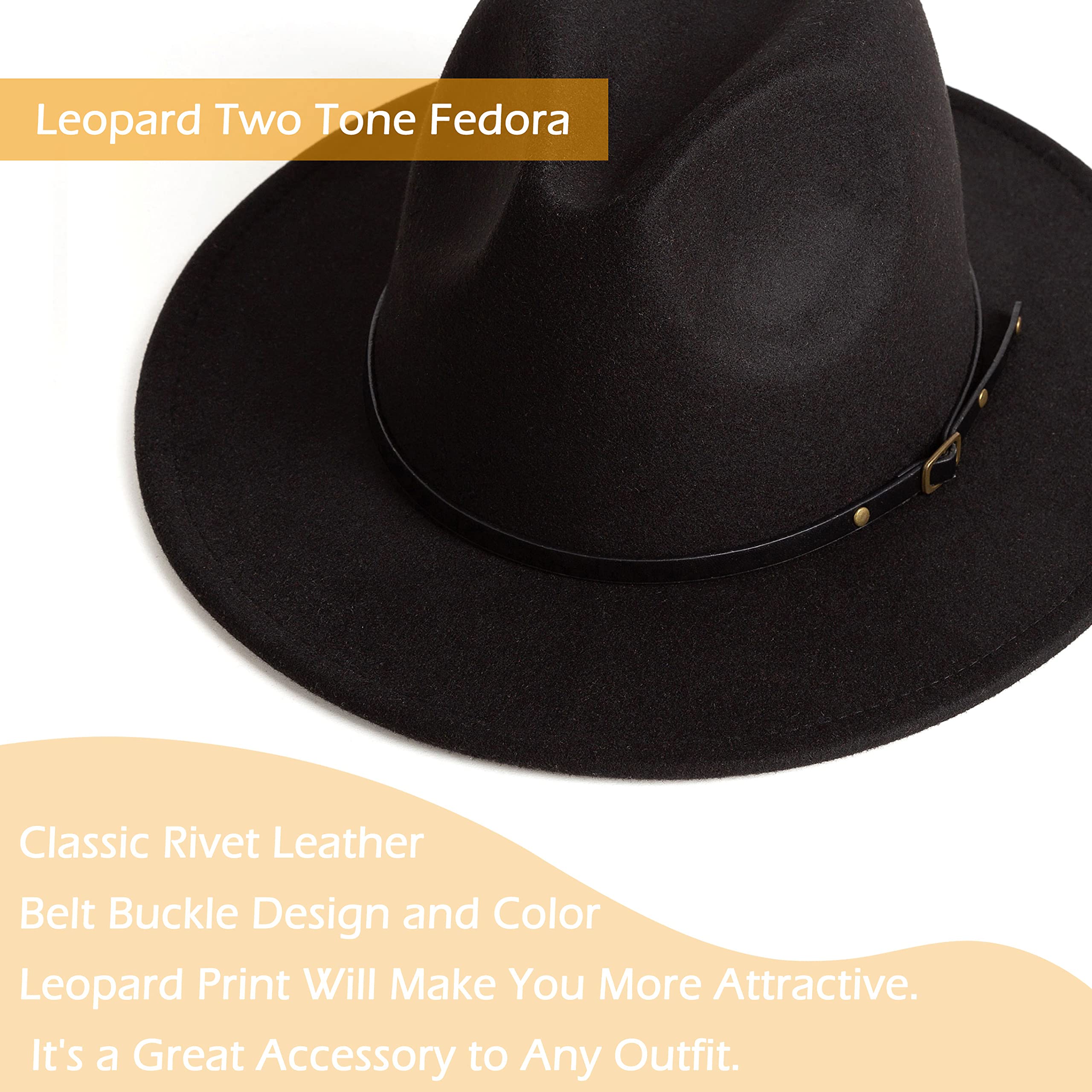 Gossifan Women Two Tone Wide Brim Fedora Felt Panama Hats Classic Belt Buckle