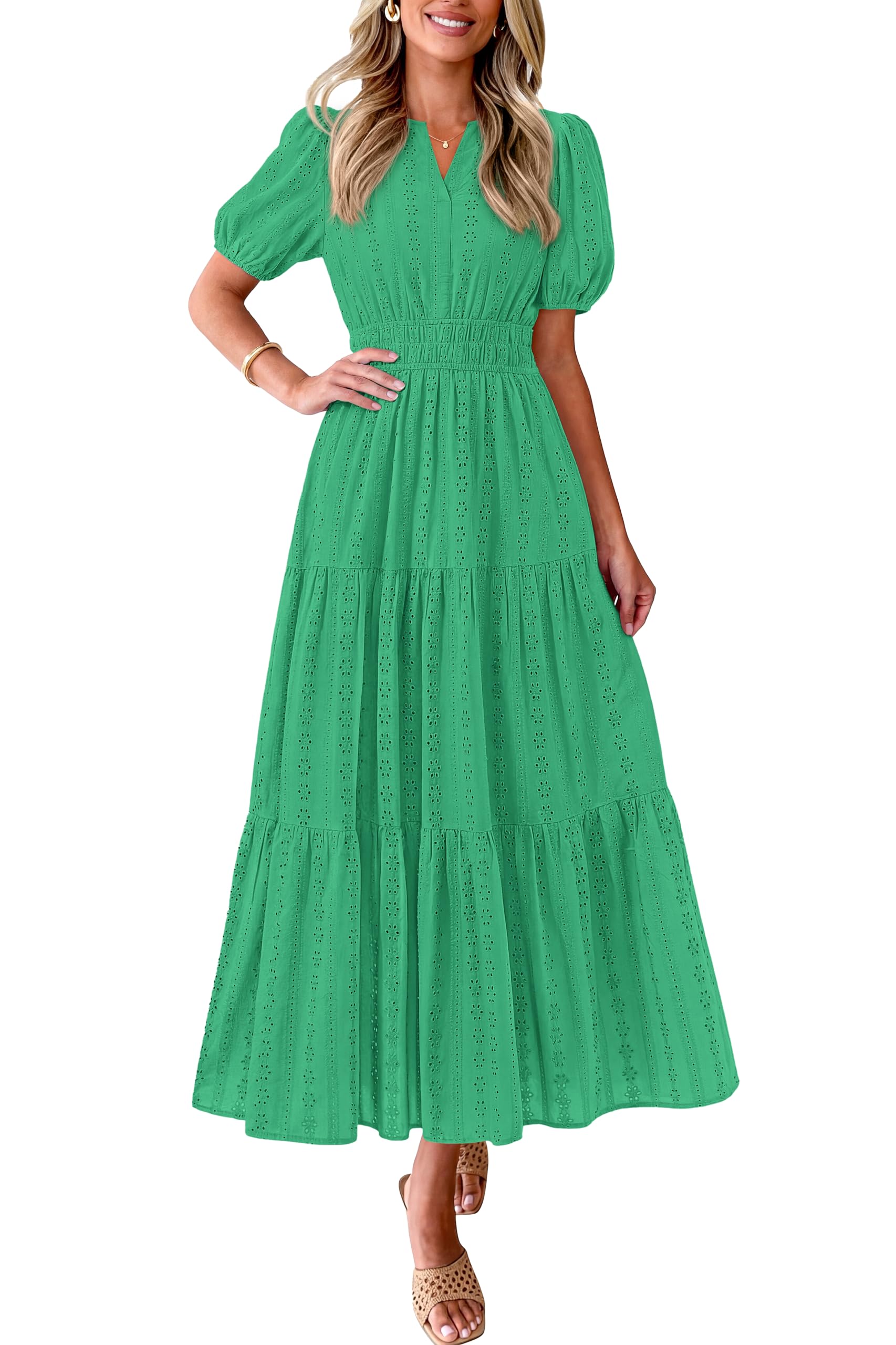 PRETTYGARDEN Womens Summer Maxi Dresses 2026 Casual Puff Sleeve V Neck Smocked Flowy Eyelet Cotton Dress Spring Sundress
