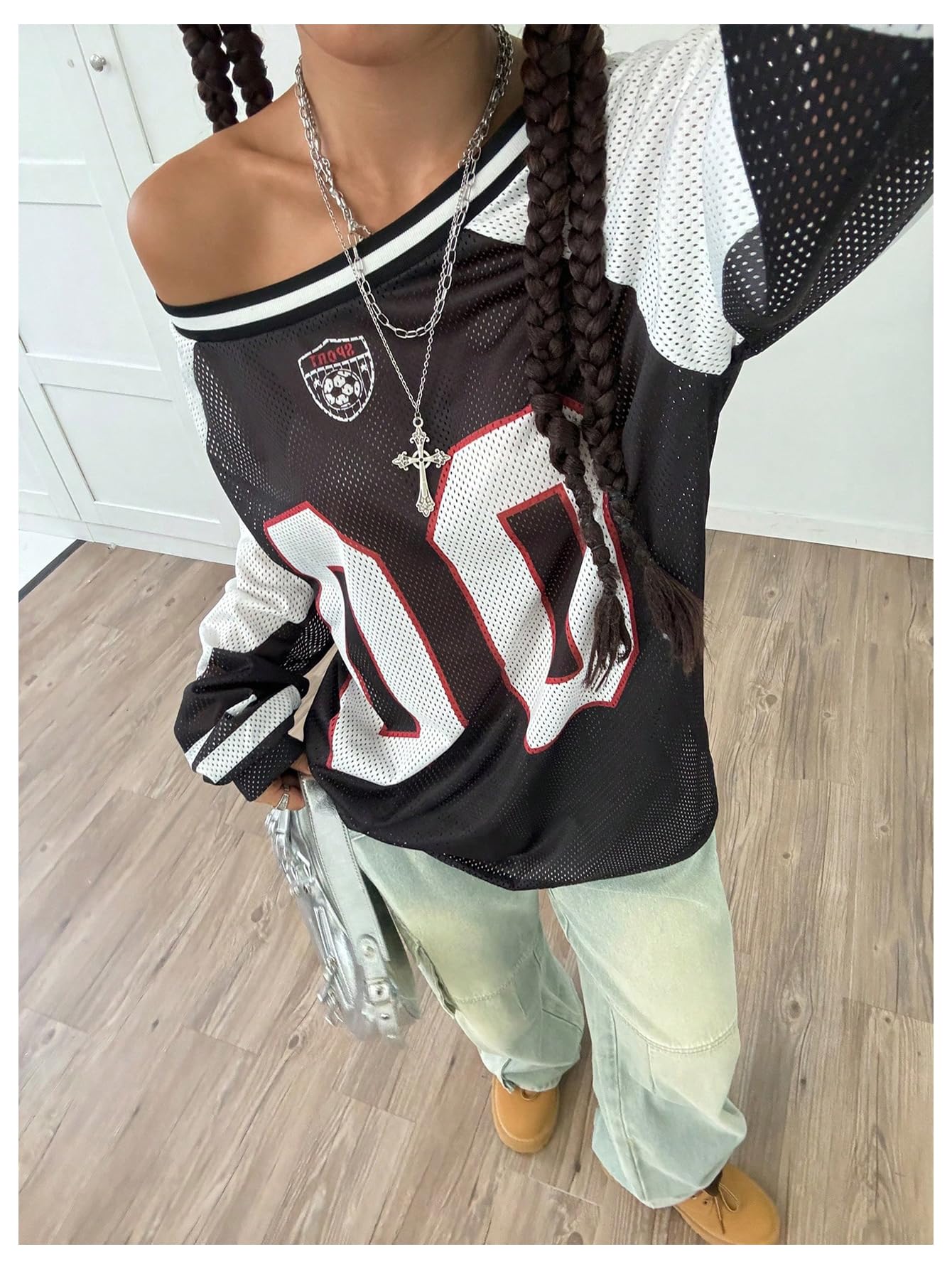 BEAUDRM Women's Y2k Mesh Jersey Shirts Sheer Graphic Tees Oversized Off The Shoulder Long Sleeve Tops Streetwear
