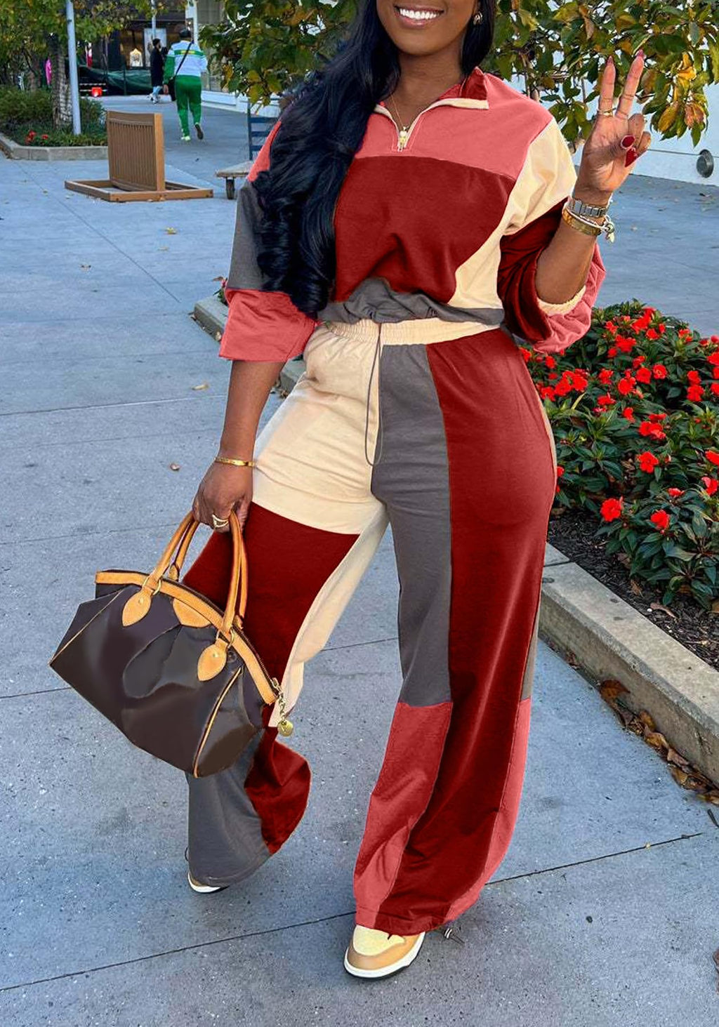 Tbahhir Women's 2 Piece Tracksuit Color Block Outfits Drastring Long Sleeve Crop Top and SweatPants Set Jogger Casual