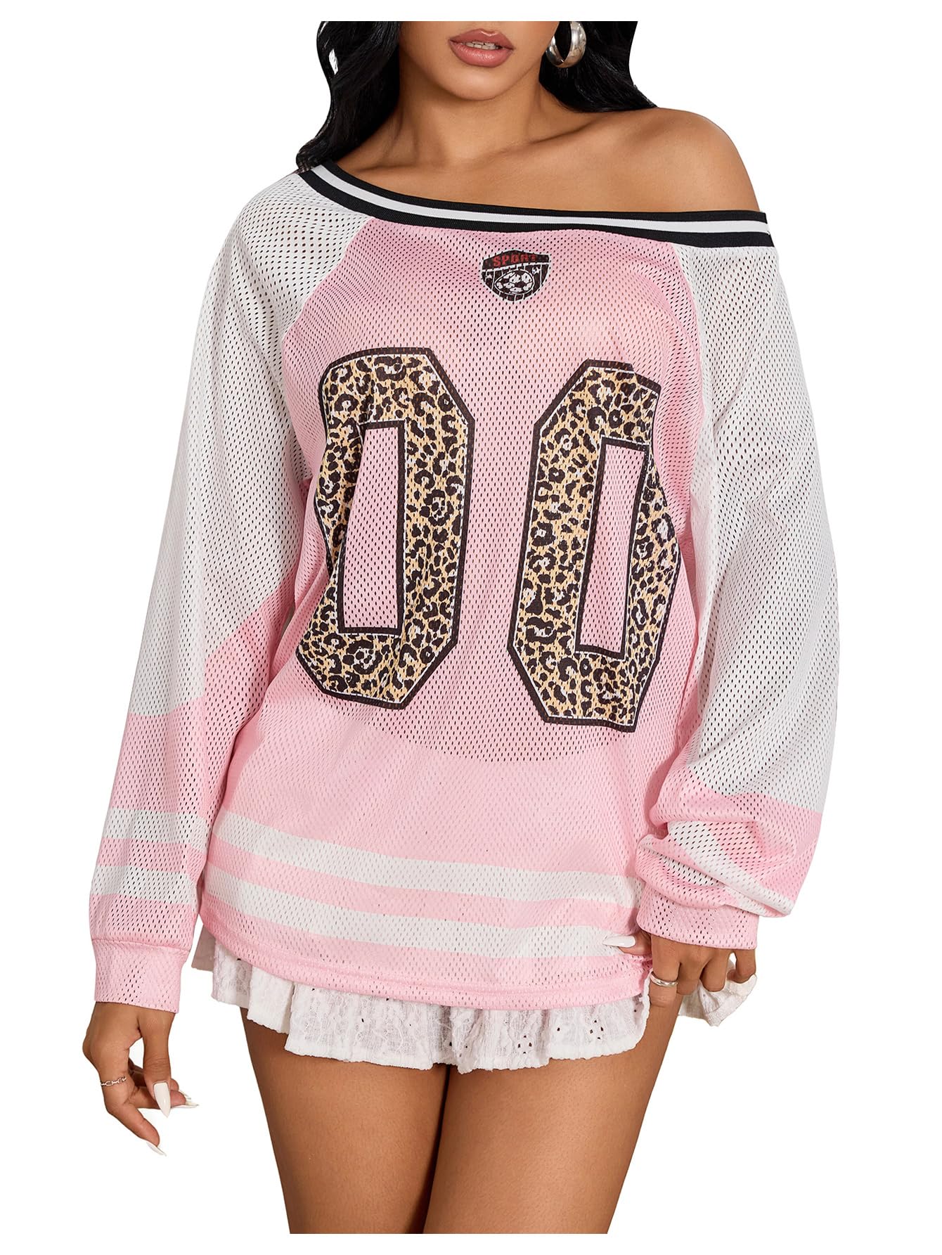 BEAUDRM Women's Y2k Mesh Jersey Shirts Sheer Graphic Tees Oversized Off The Shoulder Long Sleeve Tops Streetwear