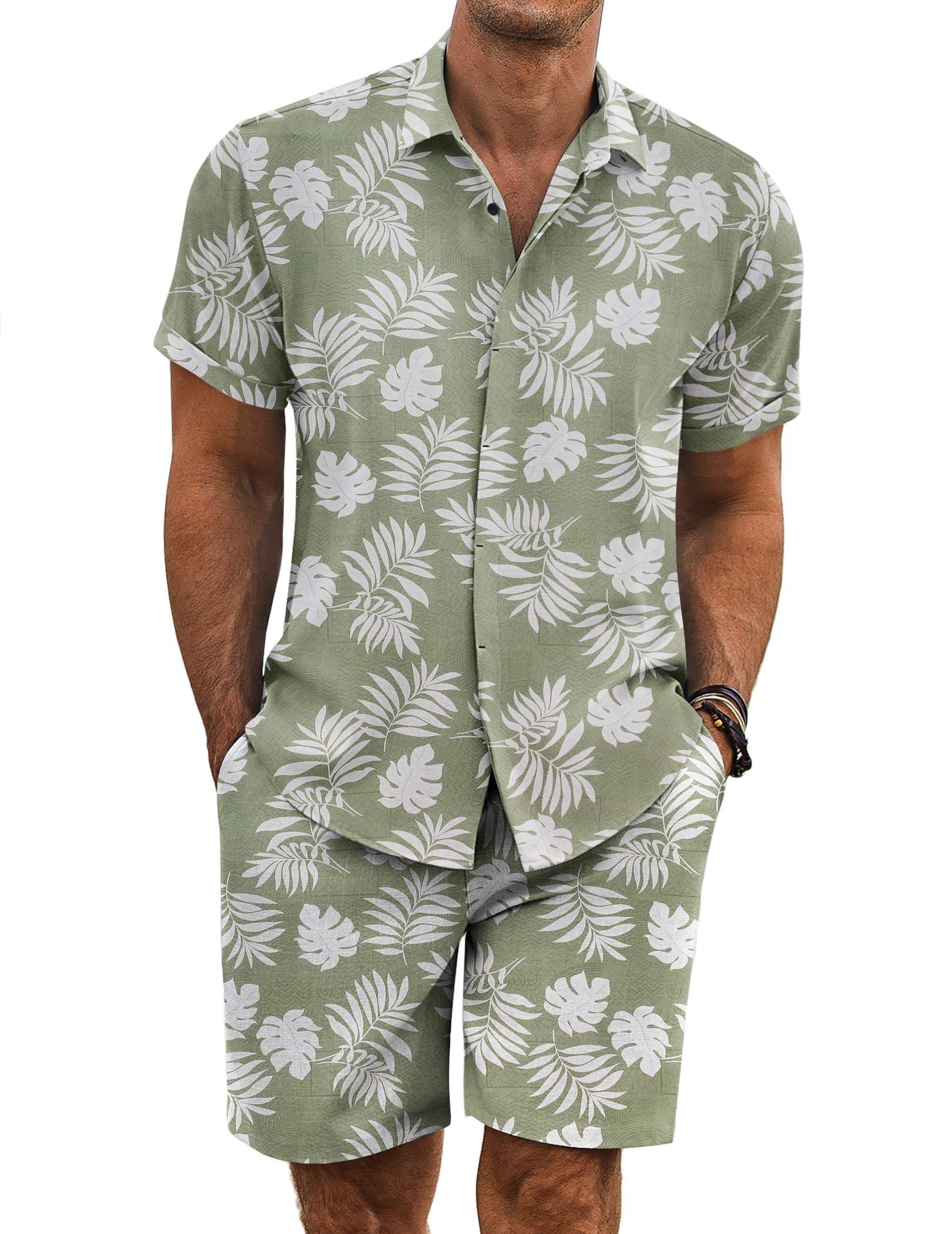 COOFANDY Men's Summer Beach Outfits 2 Piece Short Sleeve Shirts and Shorts Vacation Texture Linen Sets for Men