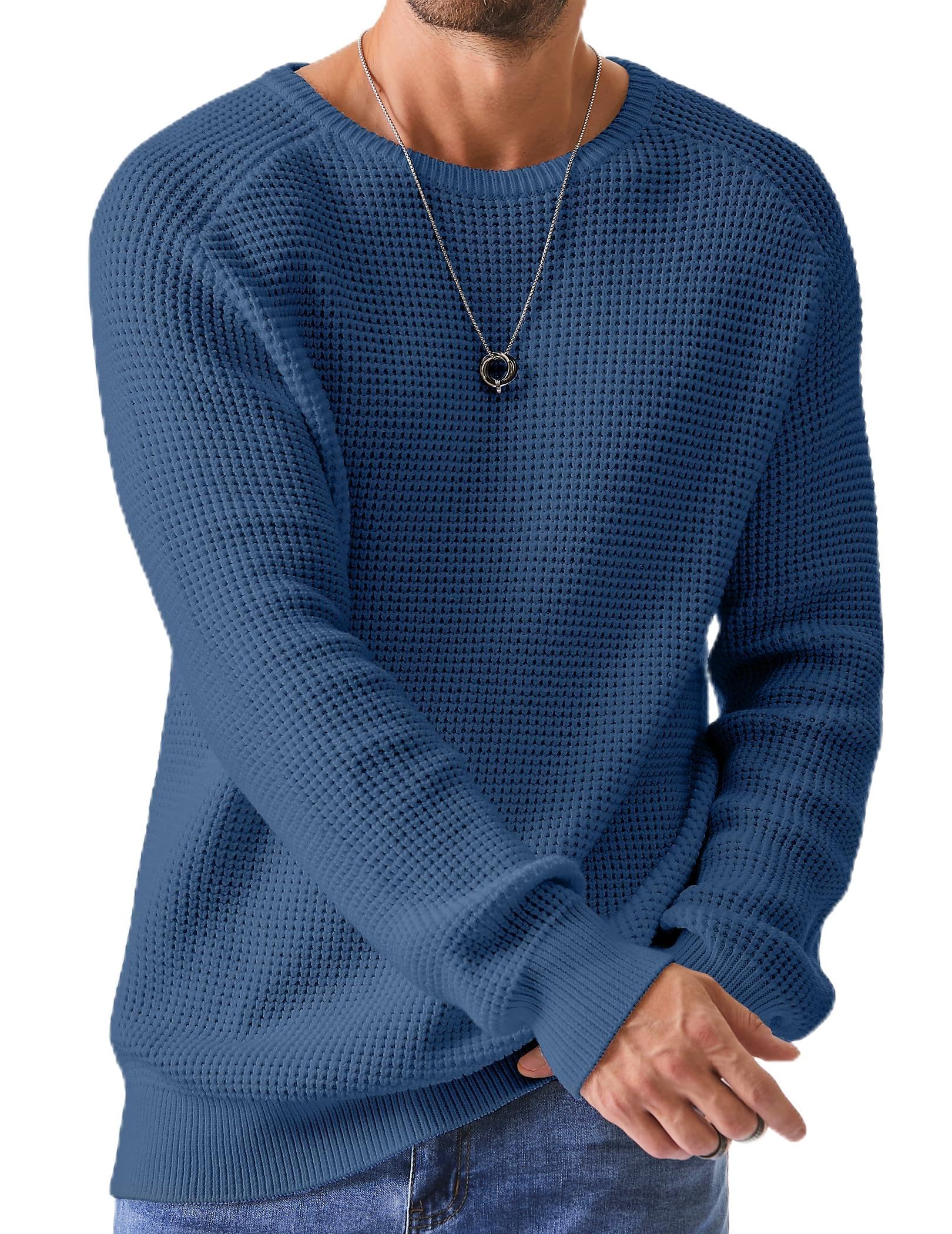 JMIERR Men's Crewneck Pullover Sweater Waffle Textured Knitted Sweaters Casual Loose Fit Sweaters with Ribbing Edge